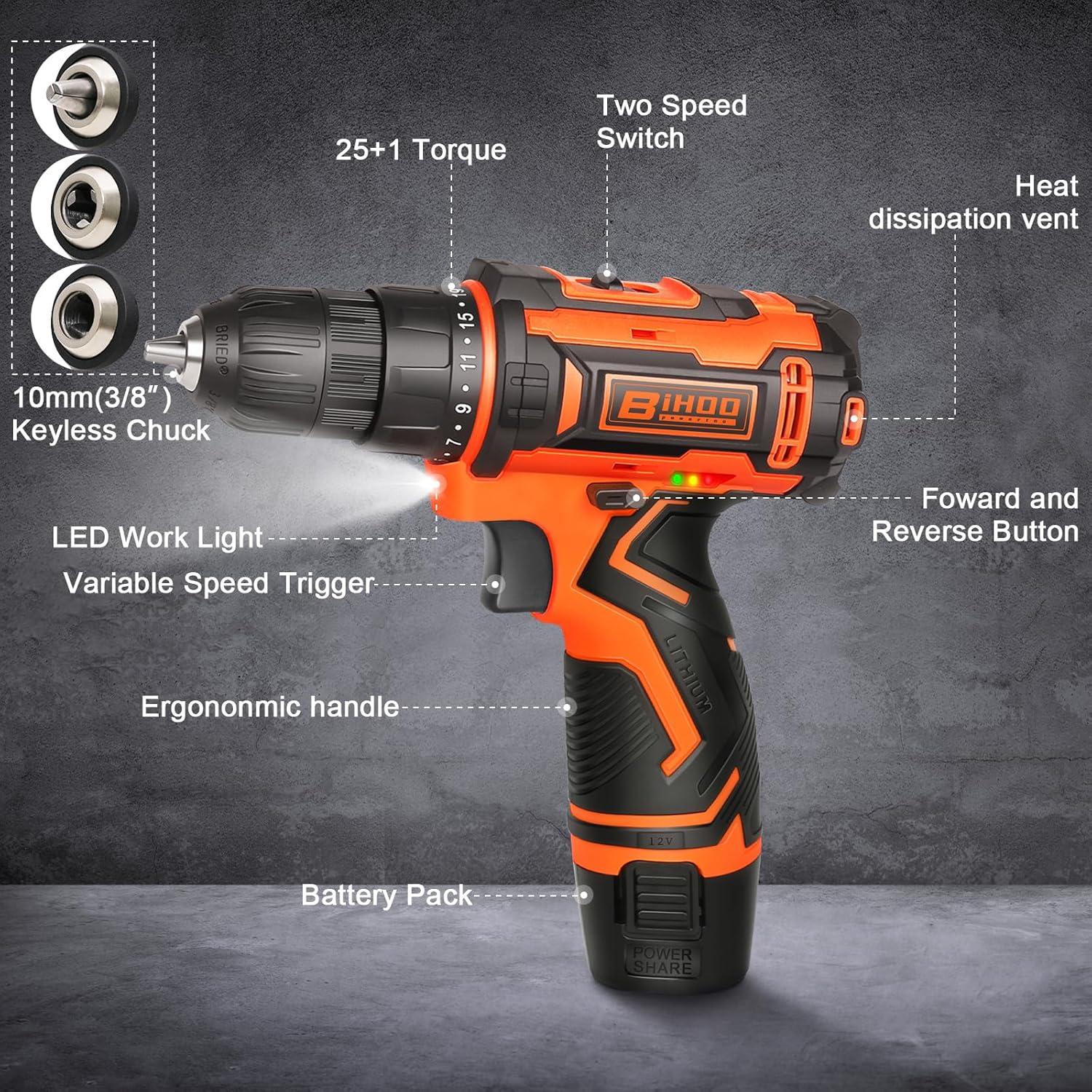 Taladro Inalámbrico BIHOO 12V con 43 Piezas y LED