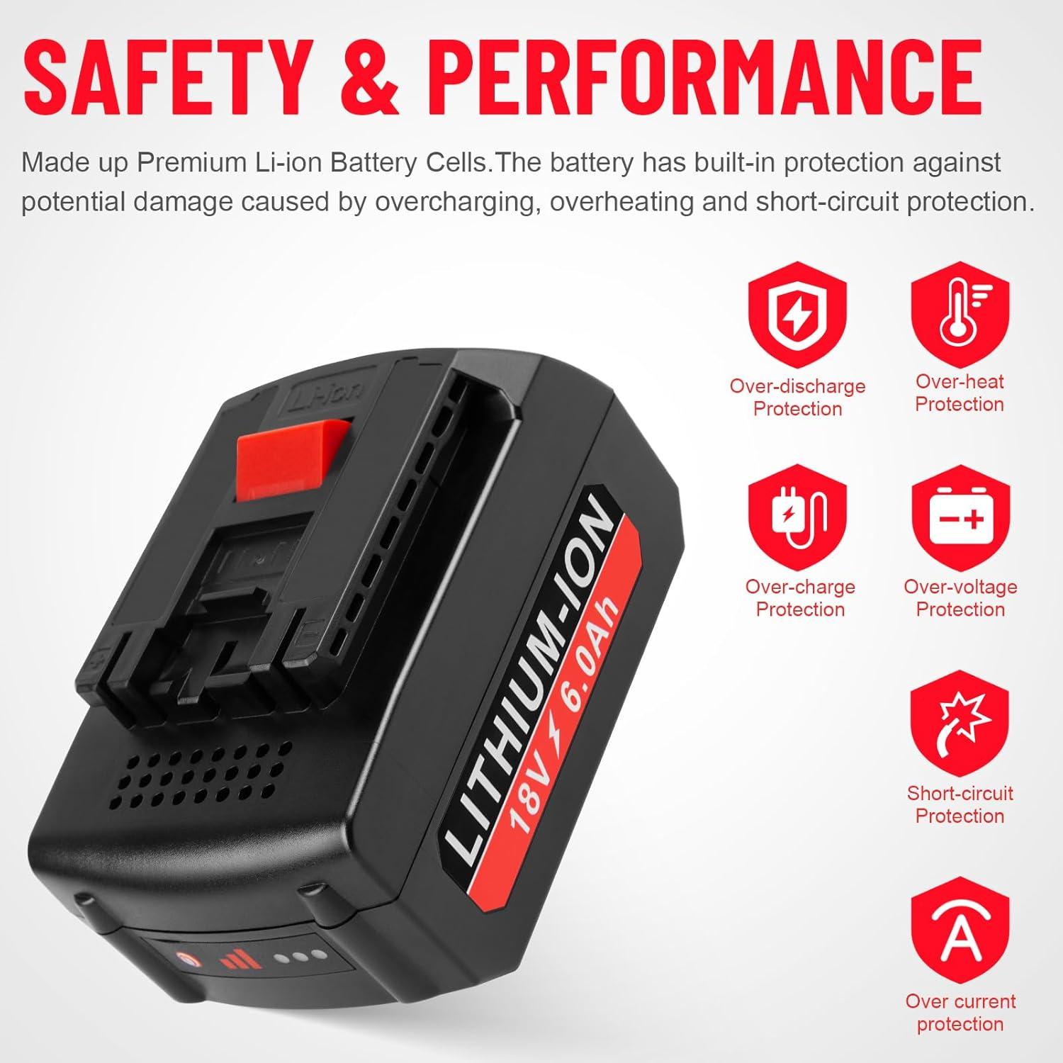 6.0Ah 18V Lithium Replacement for Bosch Battery and BAT609 Battery Charger Kit Compatible with BAT609 BAT609G BAT610G BAT611 BAT612 BAT618 BAT618G BAT619 BAT619G BAT622 BAT620