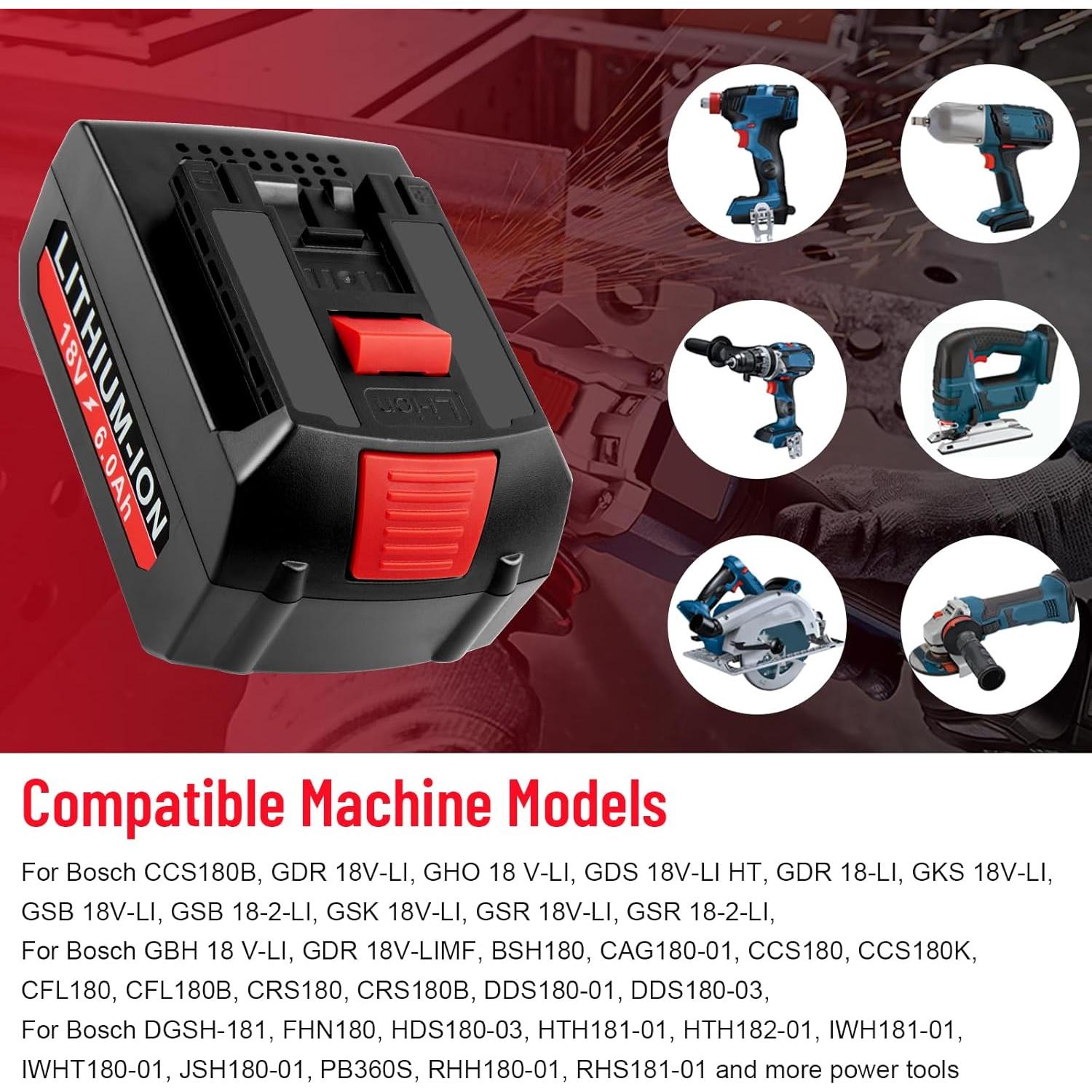 6.0Ah 18V Lithium Replacement for Bosch Battery and BAT609 Battery Charger Kit Compatible with BAT609 BAT609G BAT610G BAT611 BAT612 BAT618 BAT618G BAT619 BAT619G BAT622 BAT620
