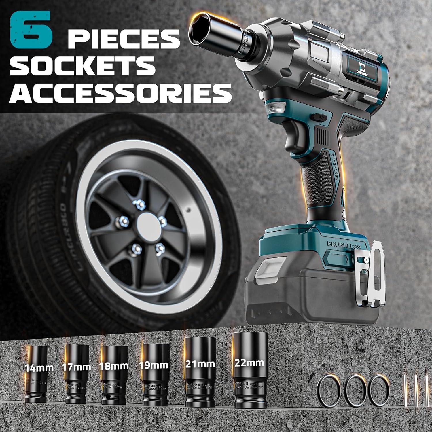 Llave de impacto inalámbrica Cerycose 900 Nm con 6 sockets