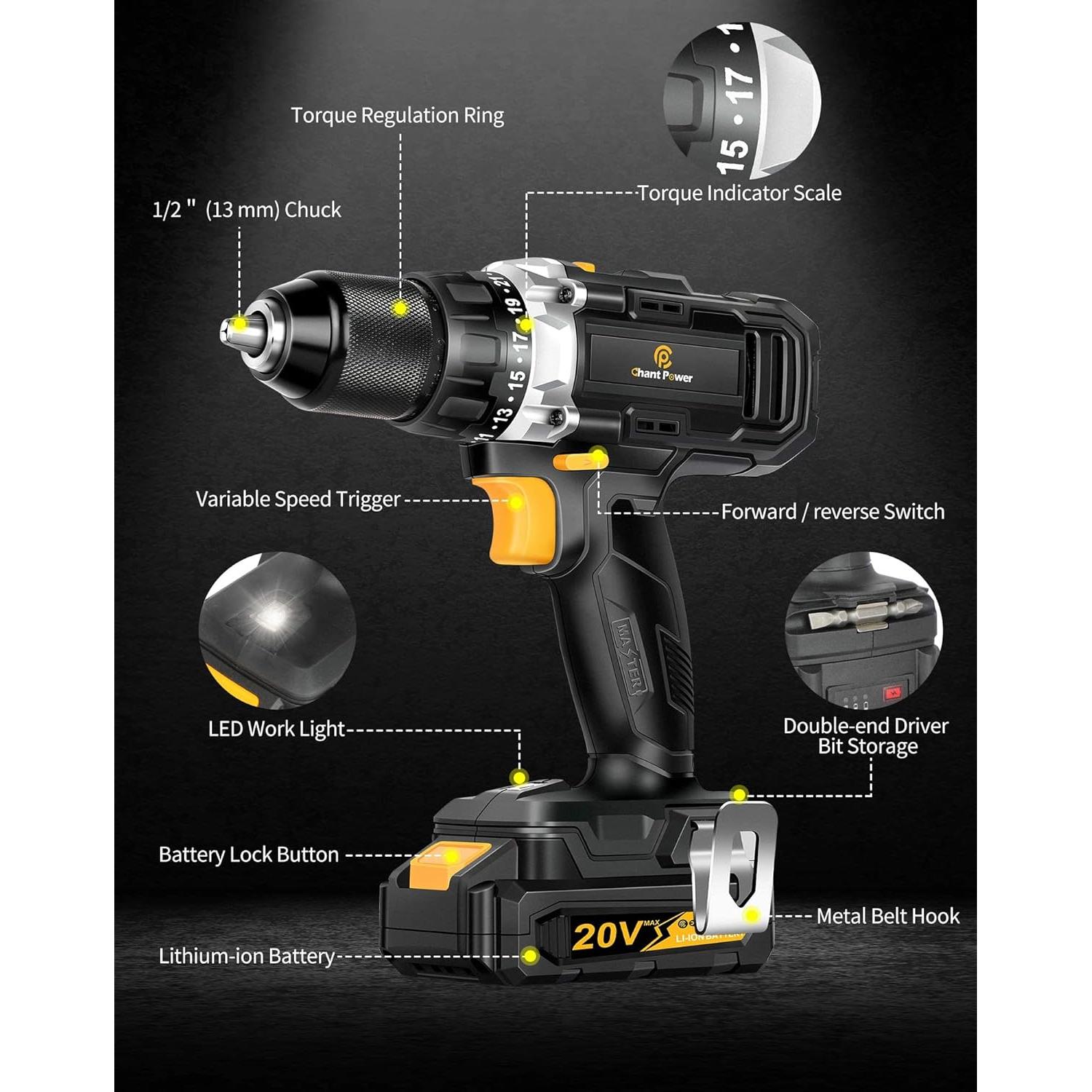 Taladro Inalámbrico C P CHANTPOWER 20V 2Ah Doble Velocidad