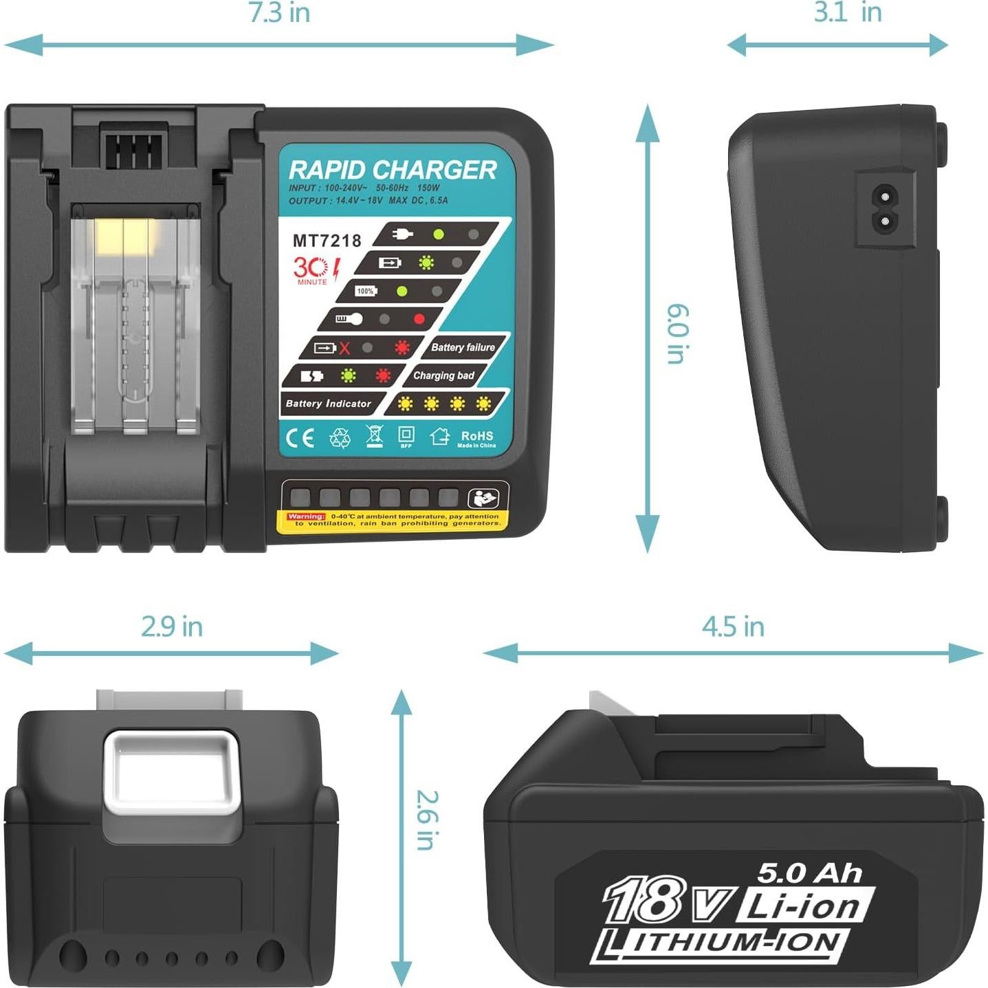 2 Baterías 5000mAh 18V y Cargador Makita BL1850B MT7218