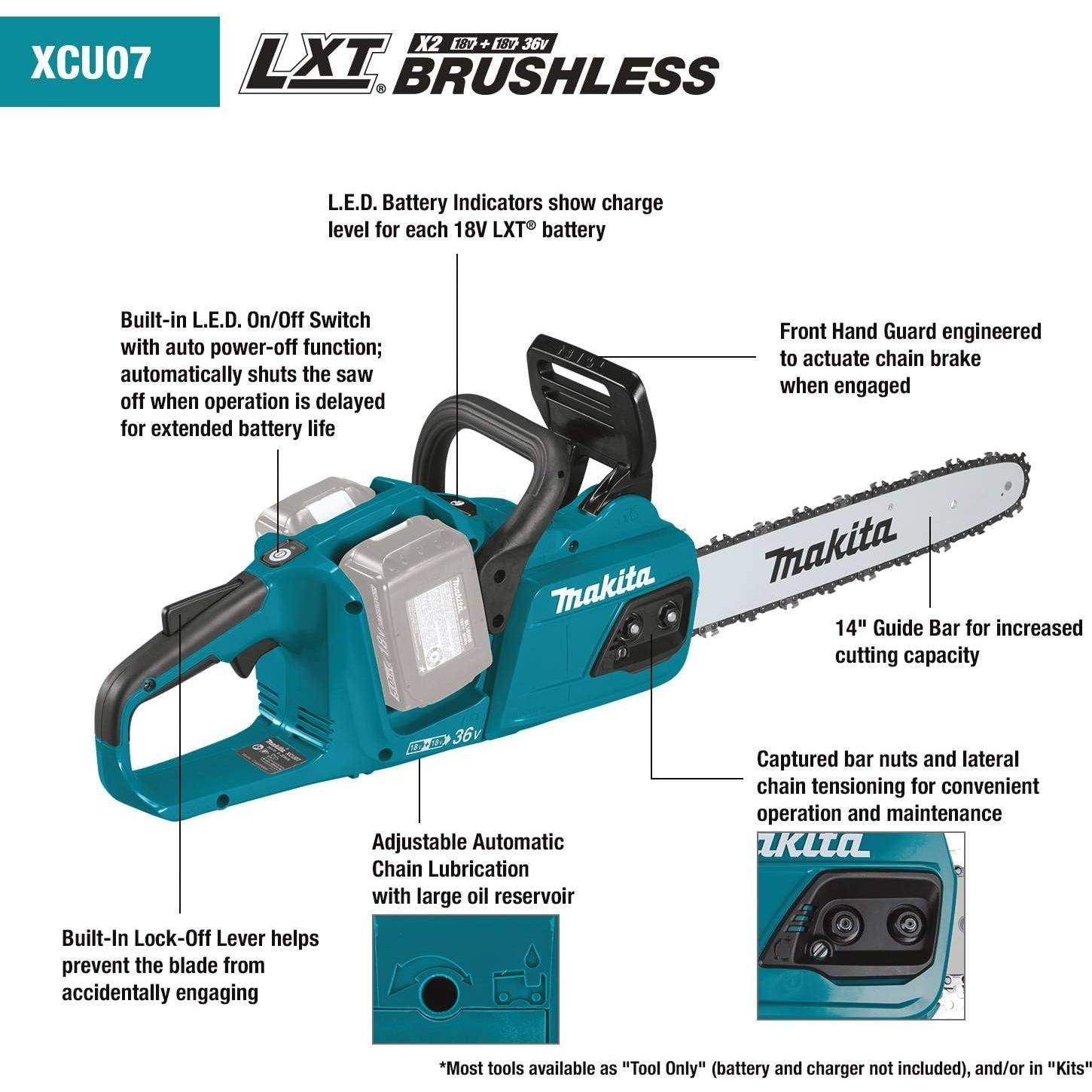 Motosierra Inalámbrica Makita XCU07Z 14" (35,56 cm) Sin Escobillas