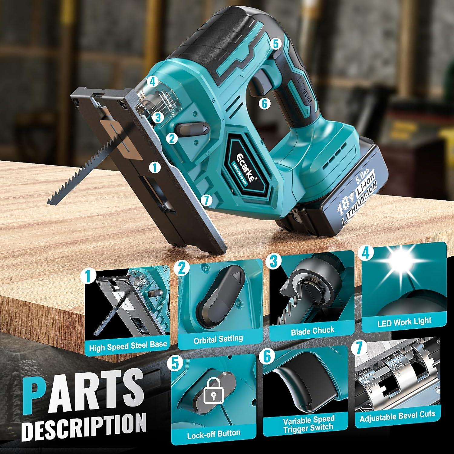 Sierra de calar inalámbrica Ecarke 18V con luz LED y bisel