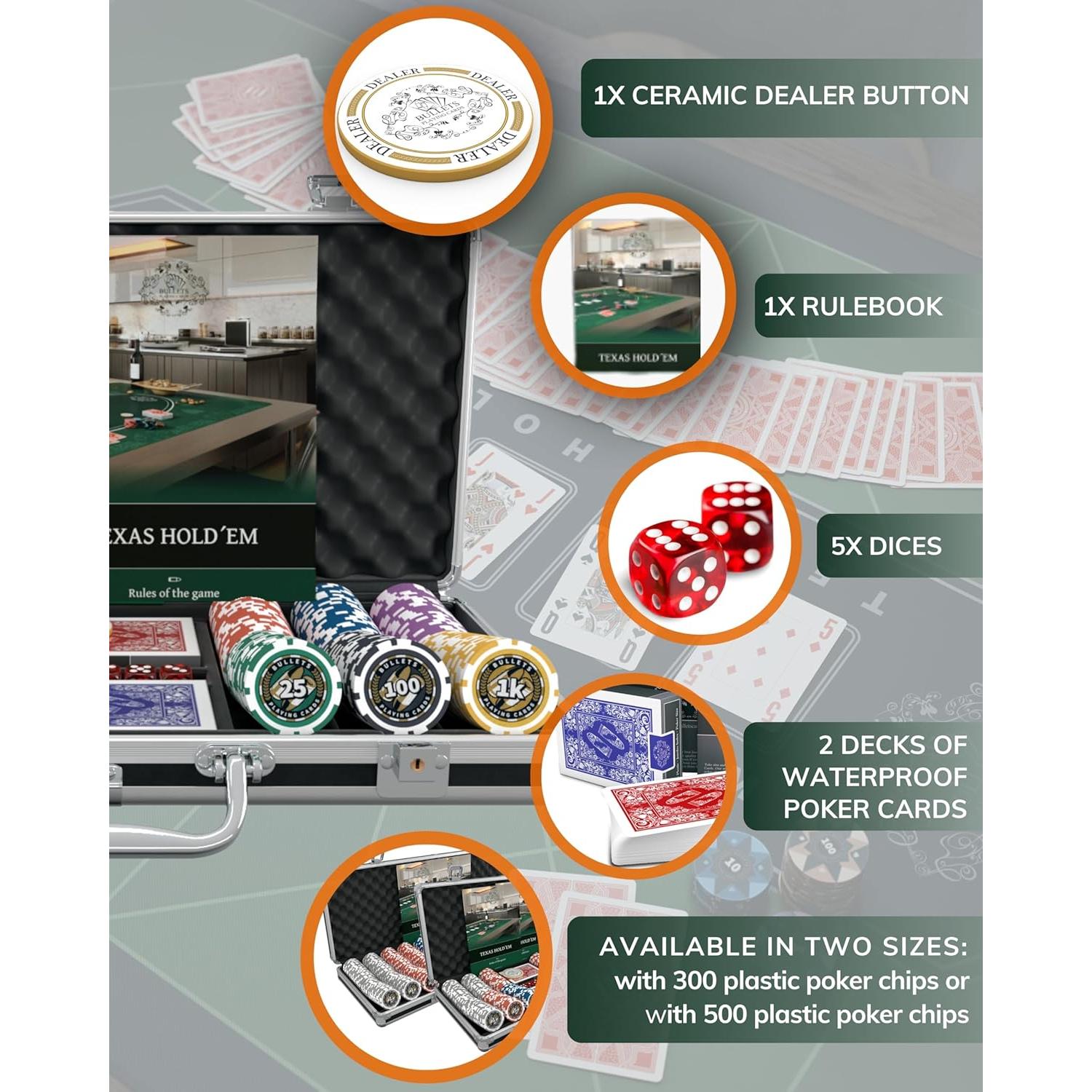 Set de Póker Bullets con 300 Fichas de Plástico y Accesorios