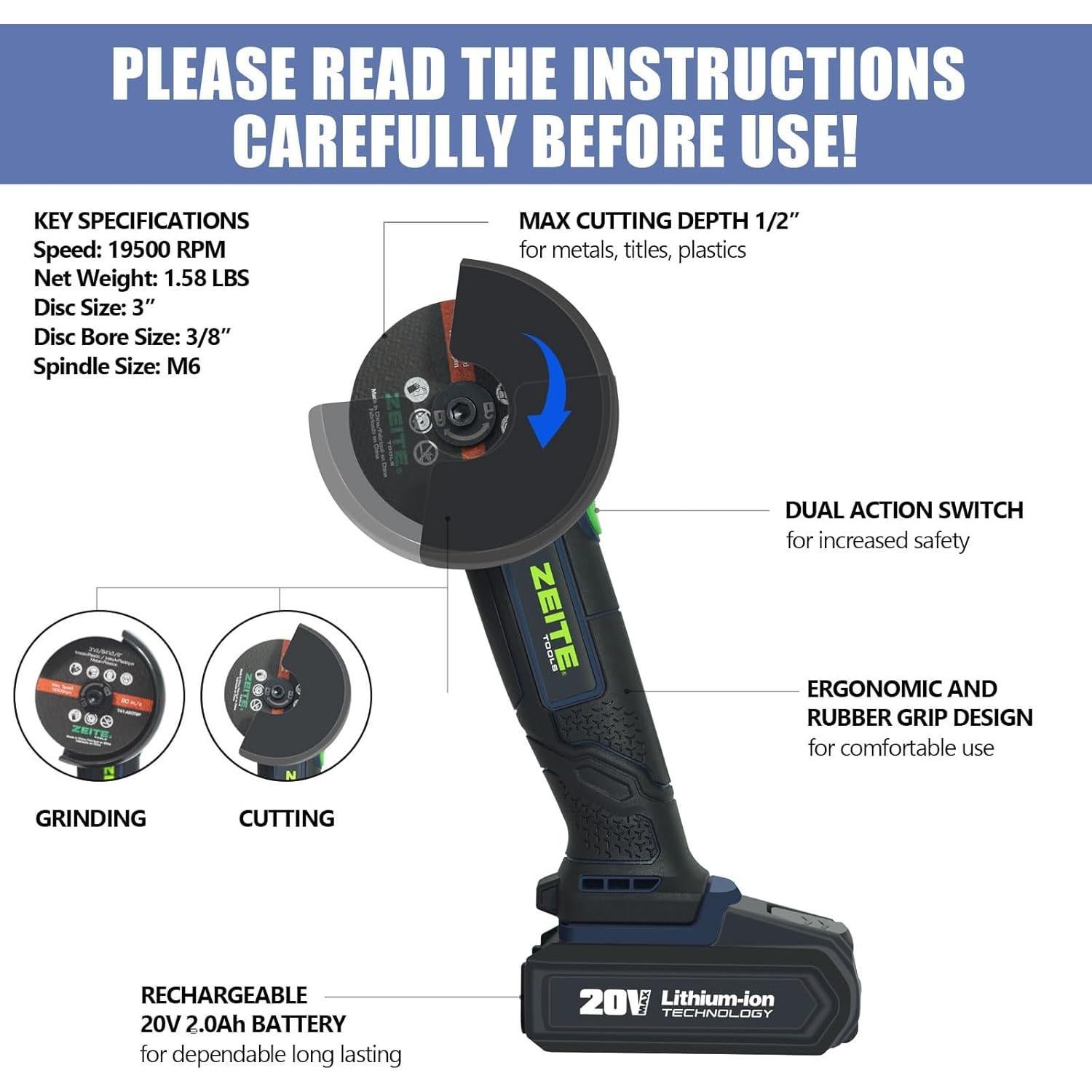 Mini Cortadora Inalámbrica Zeite 20V, 3" Discos de Corte