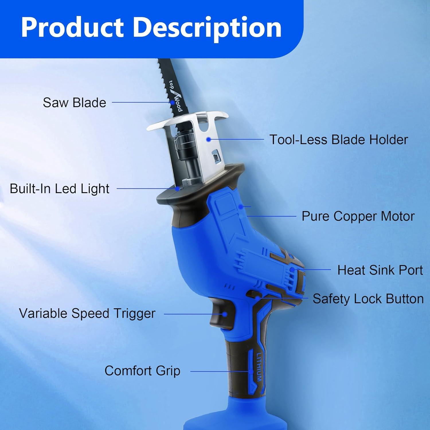 Sierra Recíproca Inalámbrica Mudite 18V con 4 Cuchillas