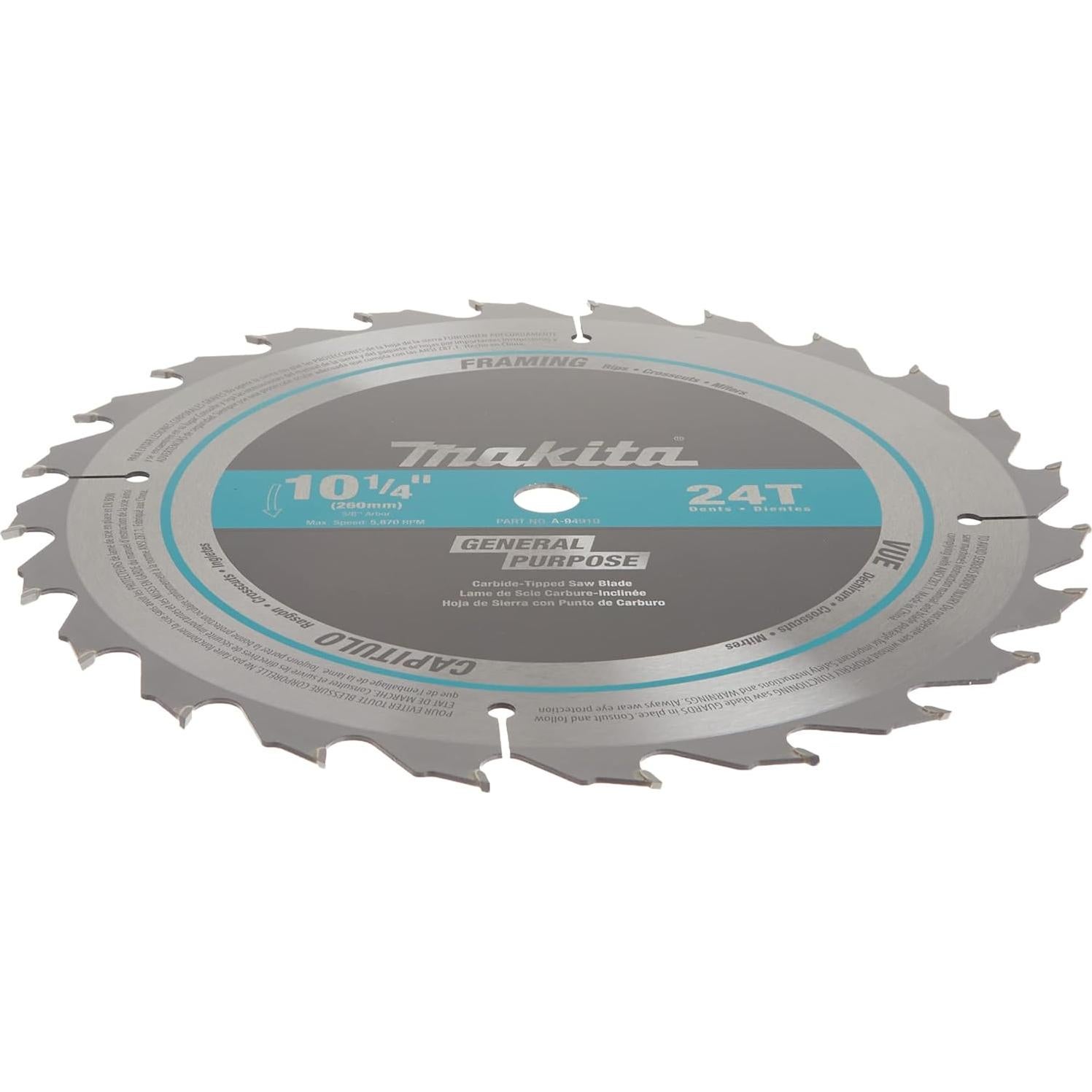 Hoja de Sierra Makita A-94910 10.25" Carburo 24 Dientes