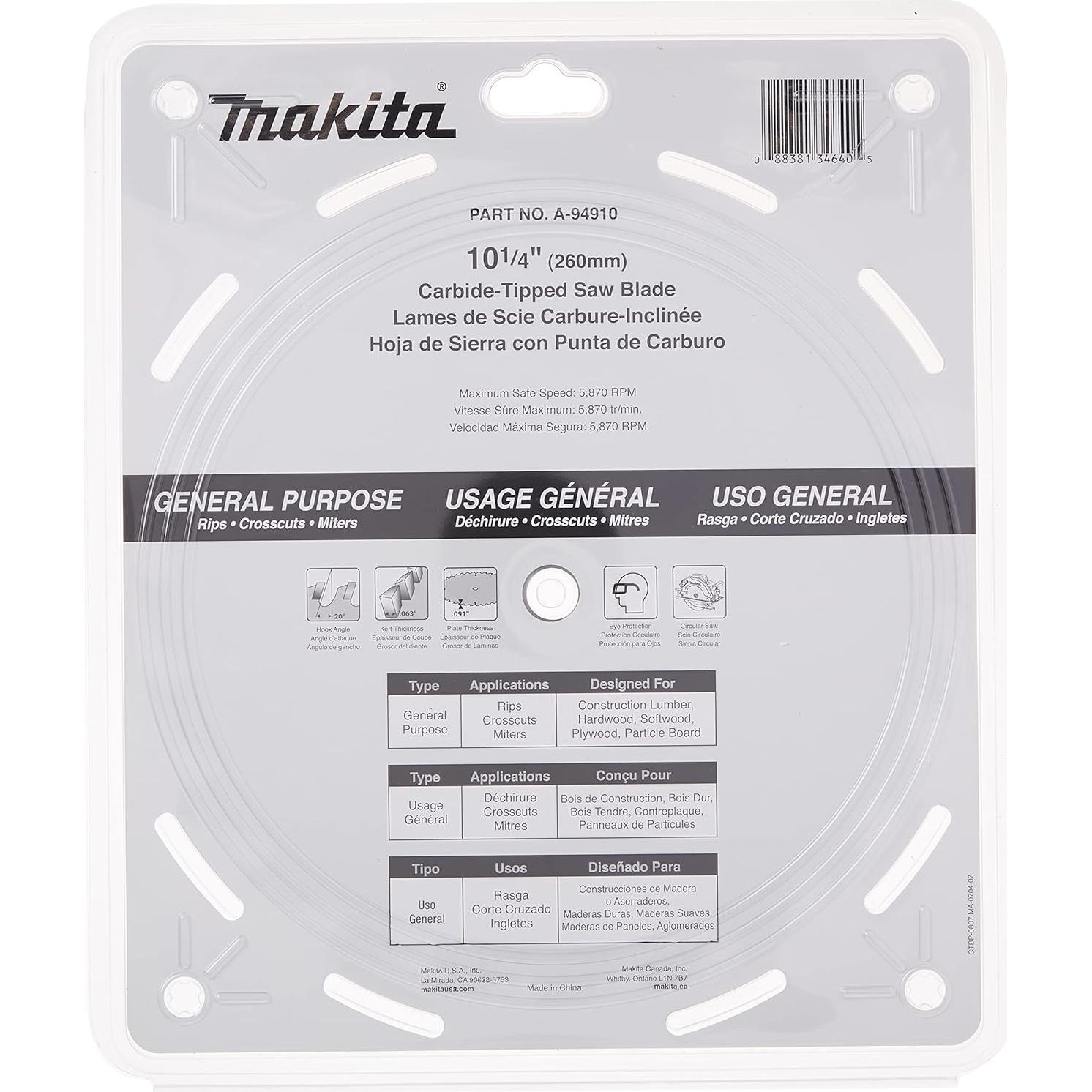 Hoja de Sierra Makita A-94910 10.25" Carburo 24 Dientes