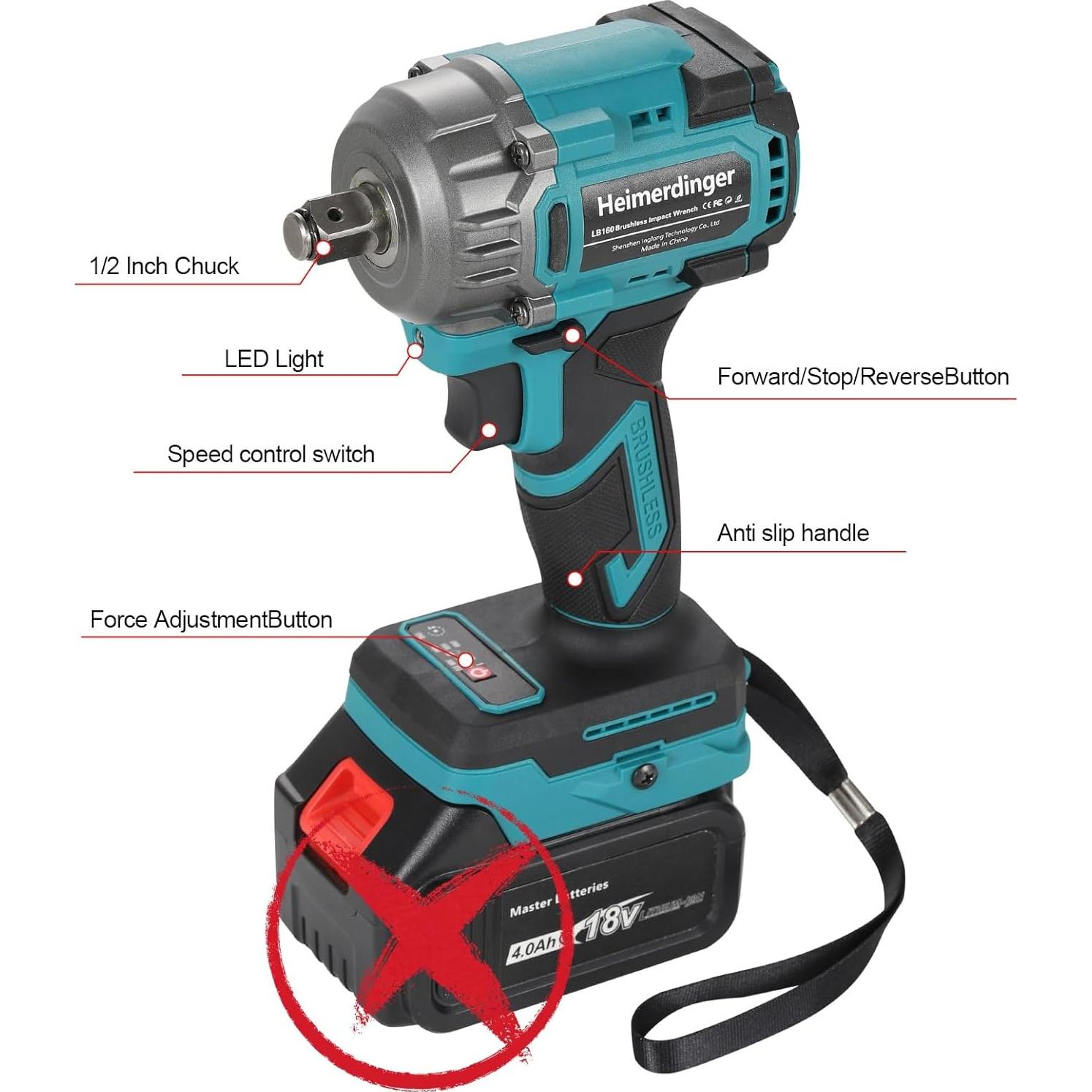 Llave de impacto inalámbrica Heimerdinger 1/2" 550N.m 3200RPM