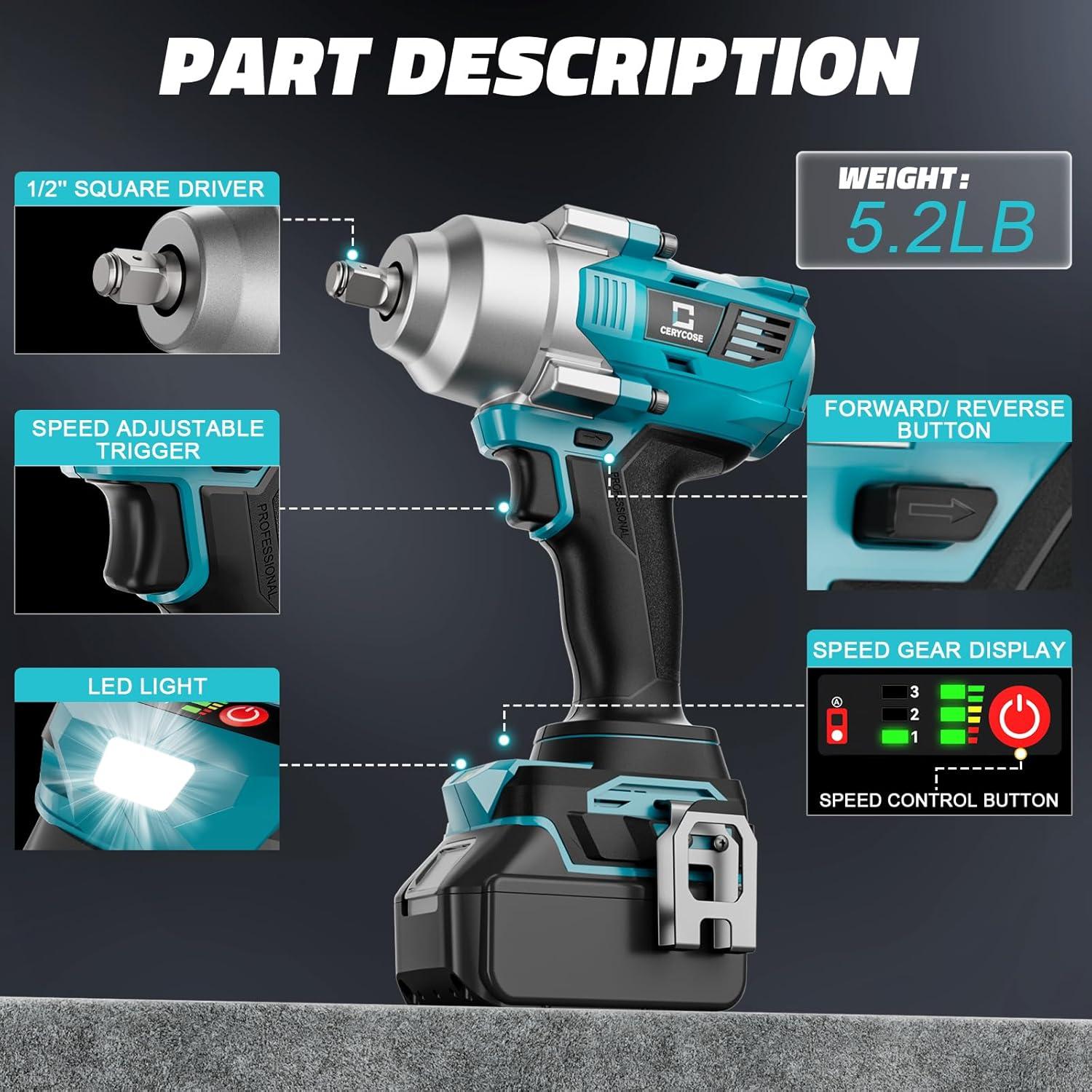 Llave de impacto inalámbrica 1/2" Cerycose 750 Nm sin batería