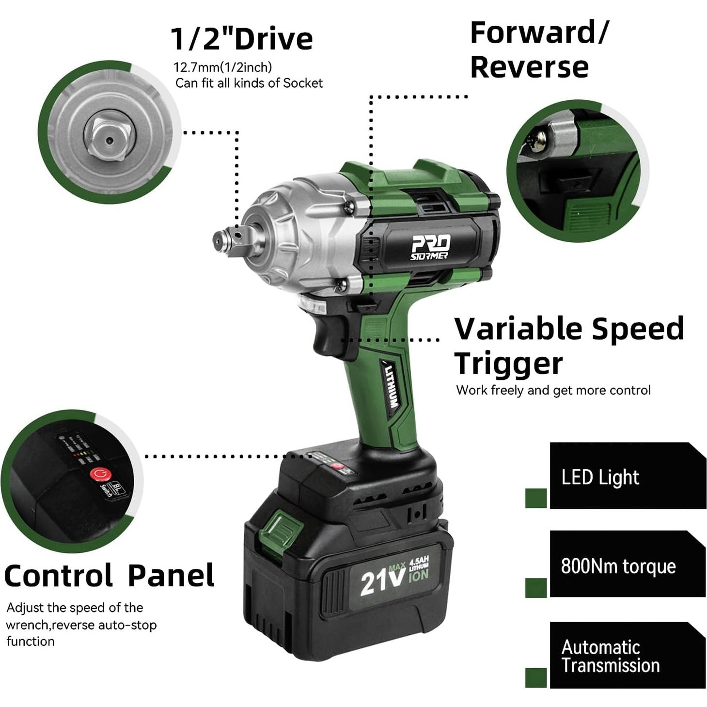 Llave de Impacto Inalámbrica Prostormer 800Nm 21V 2 Baterías
