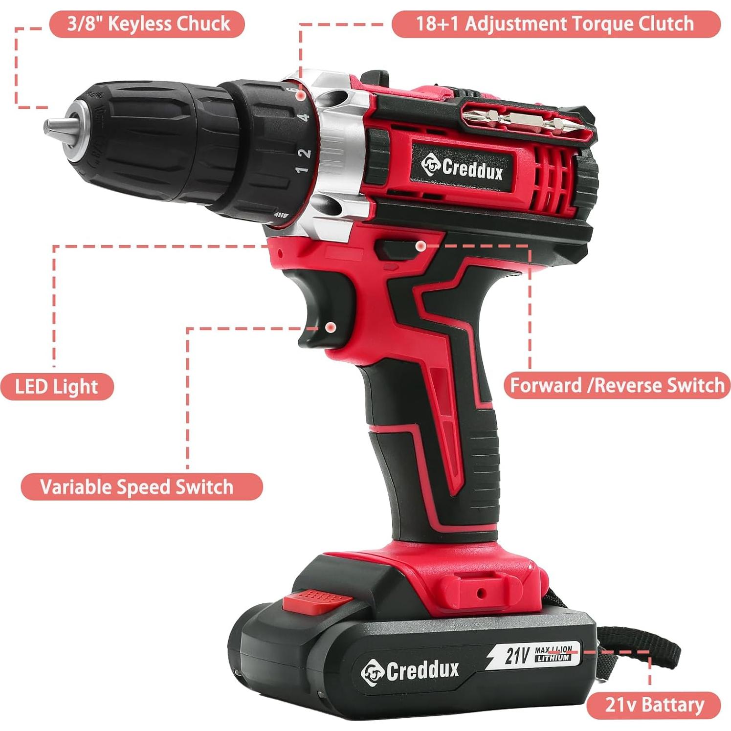 Taladro Inalámbrico Creddux 21V con 84 Accesorios