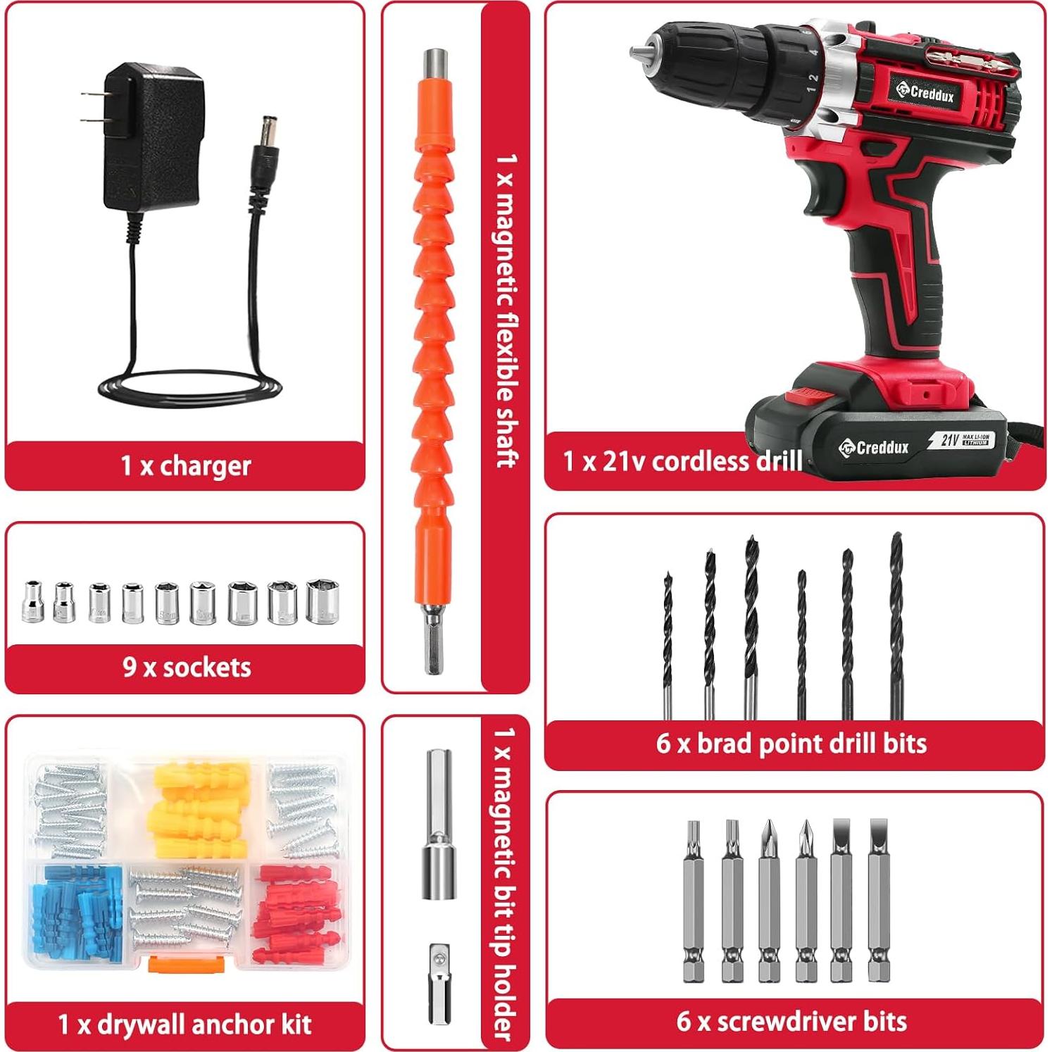 Taladro Inalámbrico Creddux 21V con 84 Accesorios