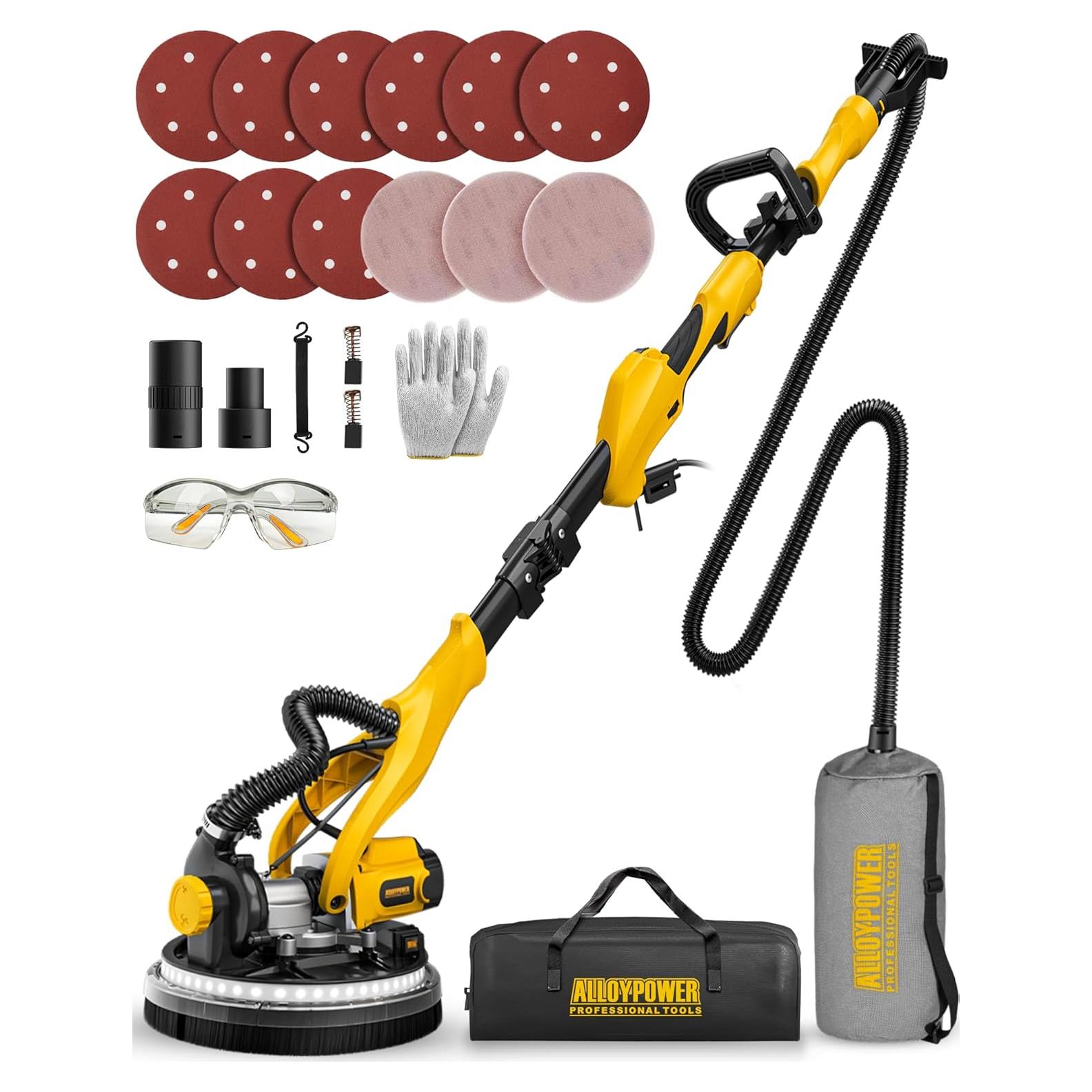 Drywall Sander, 1050W Electric Drywall Disc Sander with Vacuum Dust Collection, 7 Variable Speed 2100RPM,Double-Deck LED Light, Foldable & Extendable Handle, Dust Bag and Hose