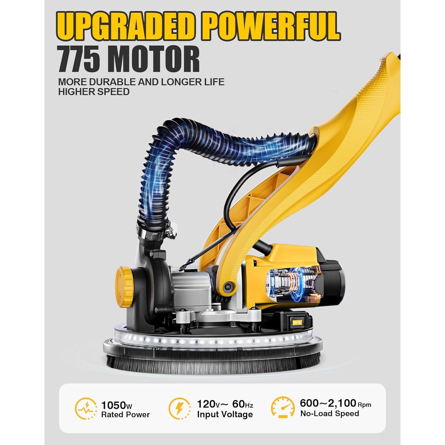 Drywall Sander, 1050W Electric Drywall Disc Sander with Vacuum Dust Collection, 7 Variable Speed 2100RPM,Double-Deck LED Light, Foldable & Extendable Handle, Dust Bag and Hose