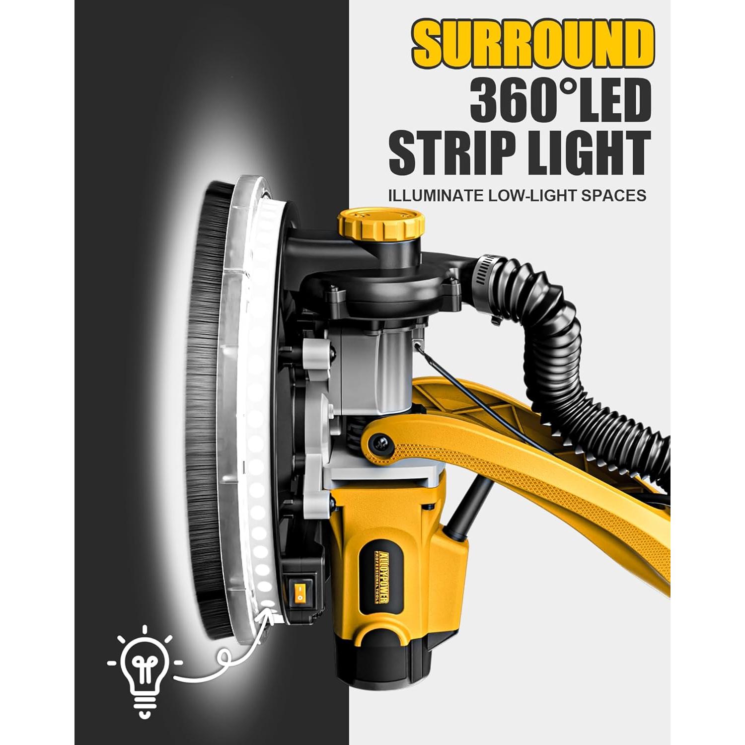 Drywall Sander, 1050W Electric Drywall Disc Sander with Vacuum Dust Collection, 7 Variable Speed 2100RPM,Double-Deck LED Light, Foldable & Extendable Handle, Dust Bag and Hose