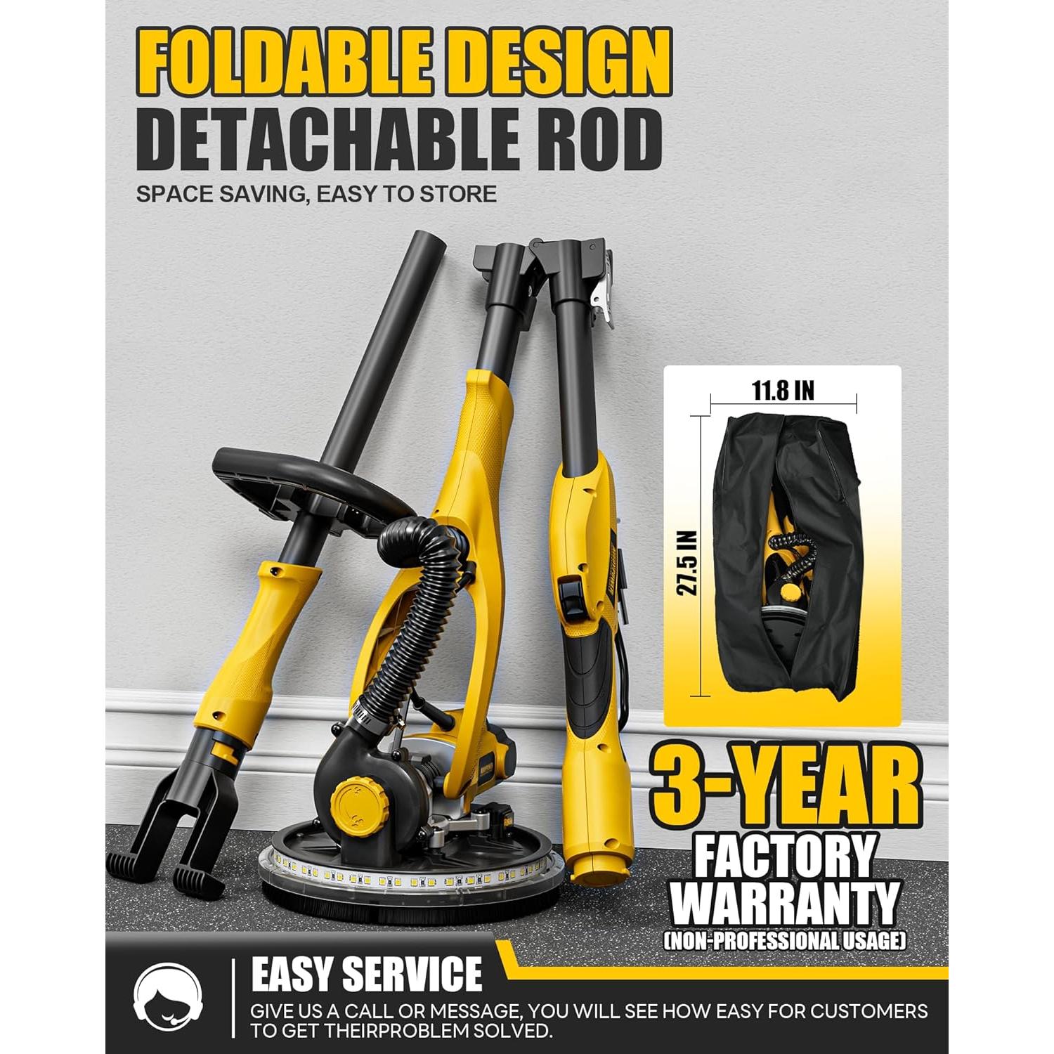 Drywall Sander, 1050W Electric Drywall Disc Sander with Vacuum Dust Collection, 7 Variable Speed 2100RPM,Double-Deck LED Light, Foldable & Extendable Handle, Dust Bag and Hose