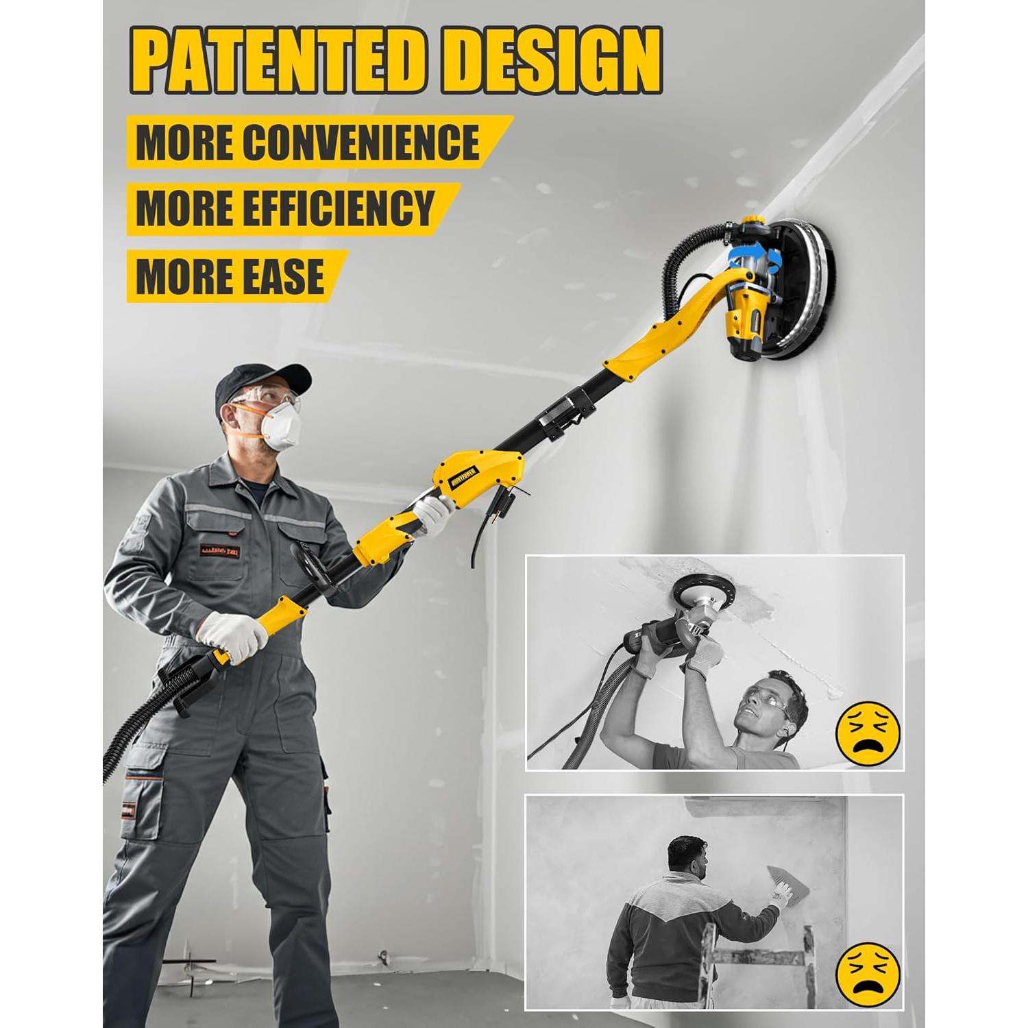 Drywall Sander, 1050W Electric Drywall Disc Sander with Vacuum Dust Collection, 7 Variable Speed 2100RPM,Double-Deck LED Light, Foldable & Extendable Handle, Dust Bag and Hose