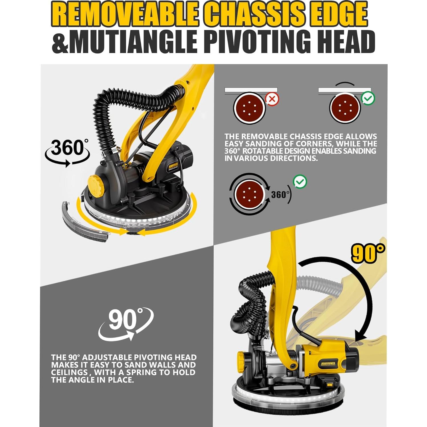 Drywall Sander, 1050W Electric Drywall Disc Sander with Vacuum Dust Collection, 7 Variable Speed 2100RPM,Double-Deck LED Light, Foldable & Extendable Handle, Dust Bag and Hose