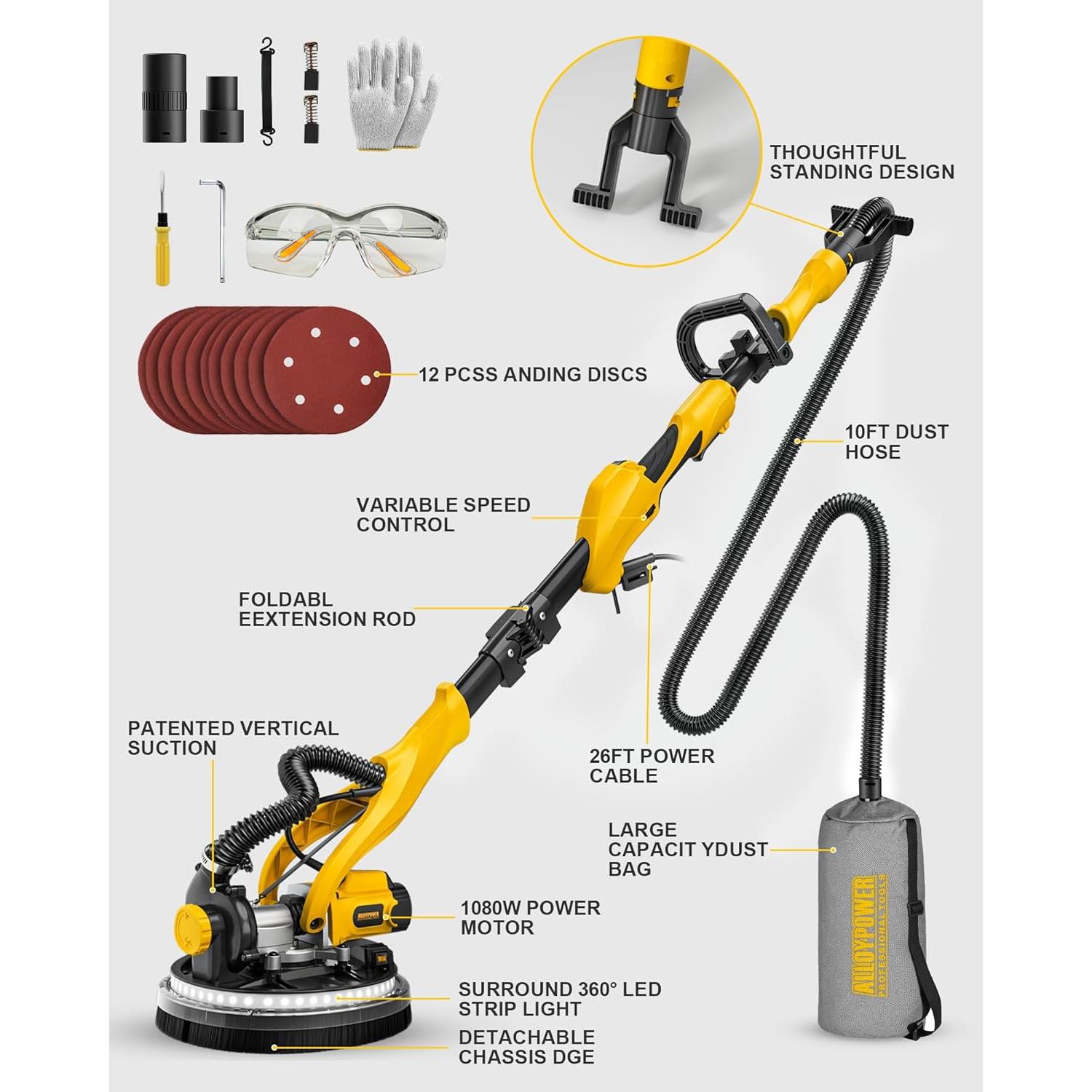 Drywall Sander, 1050W Electric Drywall Disc Sander with Vacuum Dust Collection, 7 Variable Speed 2100RPM,Double-Deck LED Light, Foldable & Extendable Handle, Dust Bag and Hose