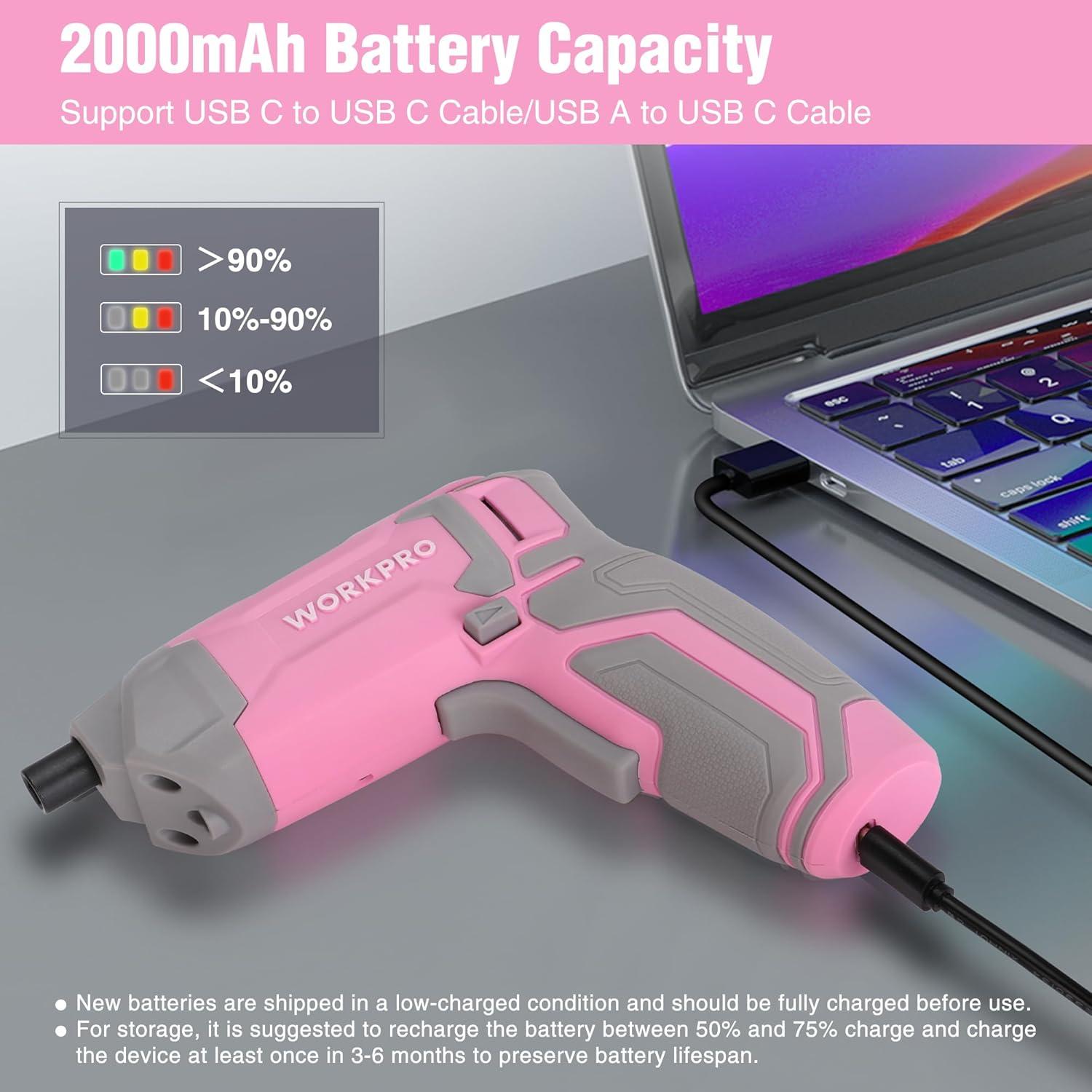 Destornillador Inalámbrico WORKPRO 3.6V Rosa con 24 Piezas