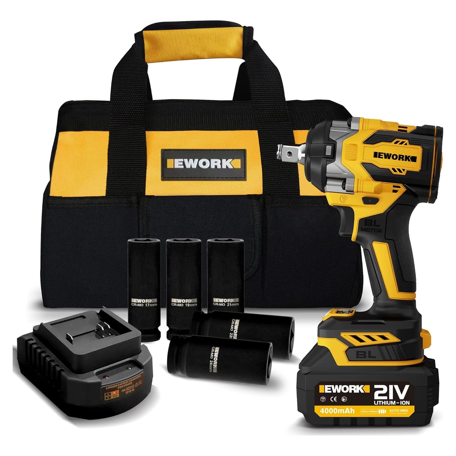 EWORK Llave de Impacto Inalámbrica 21V 520 Nm Compacta RB-809