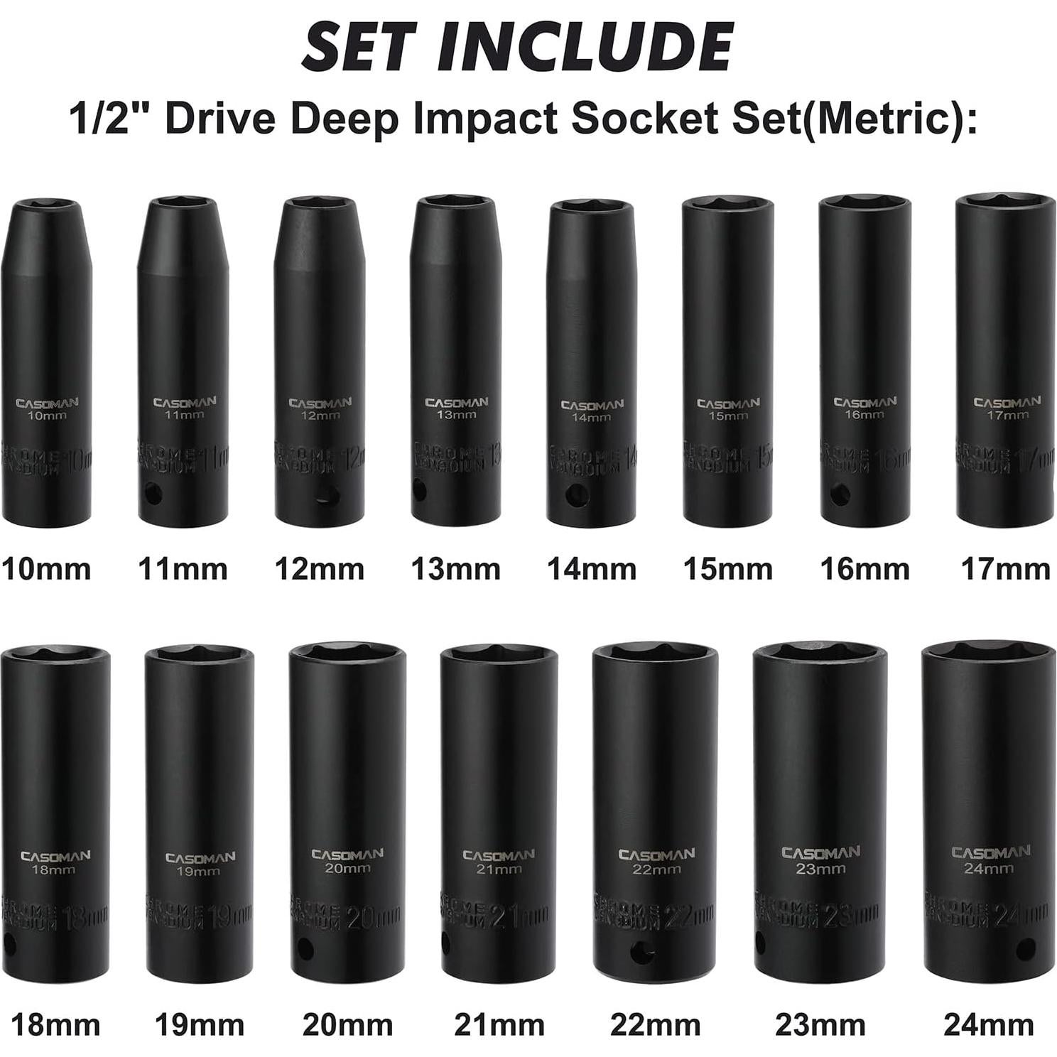 Juego de Llaves de Impacto CASOMAN 18PCS 1/2" Métrico 10-24mm