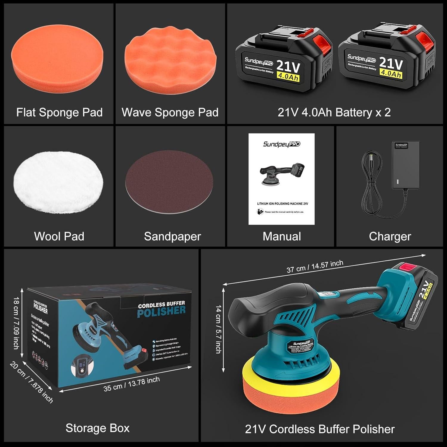 Pulidora Inalámbrica 21V SundpeyPRO 6" 2 Baterías 4.0Ah