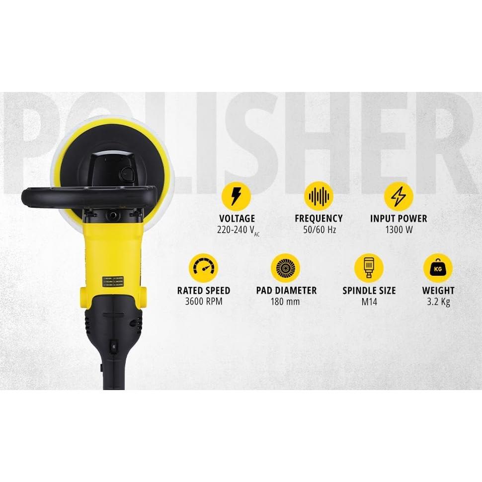 SP137 1300W 180mm Polisher with High Rotation Speed, Ideal for Delicate Polishing, Buffing, Waxing & Glazing Applications, 1 Year Warranty, YELLOW & BLACK