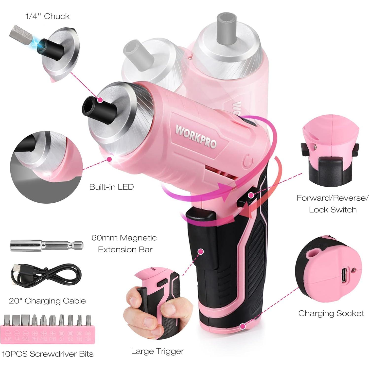 Juego de Herramientas WORKPRO Rosa 18PCS con Destornillador Eléctrico