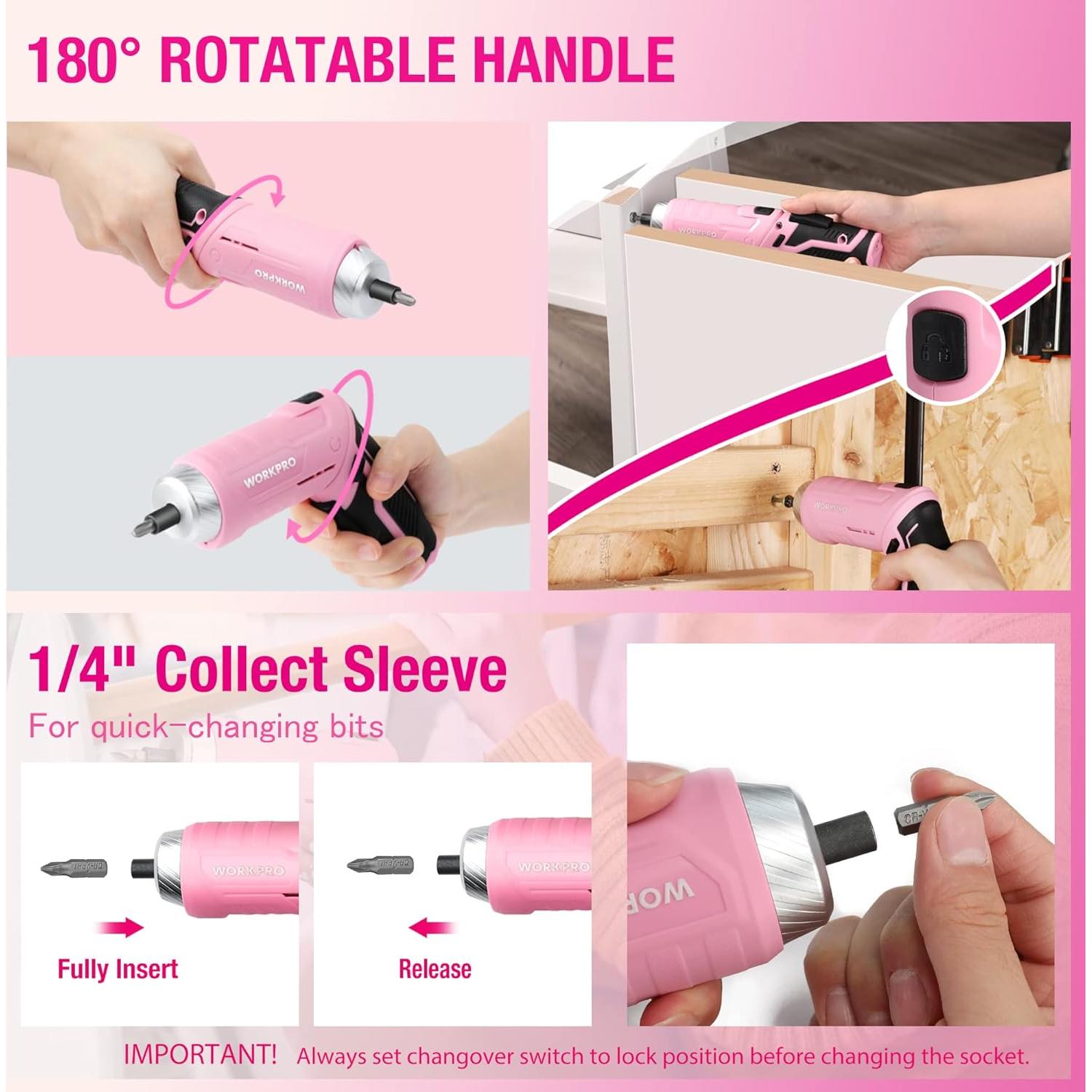 Juego de Herramientas WORKPRO Rosa 18PCS con Destornillador Eléctrico