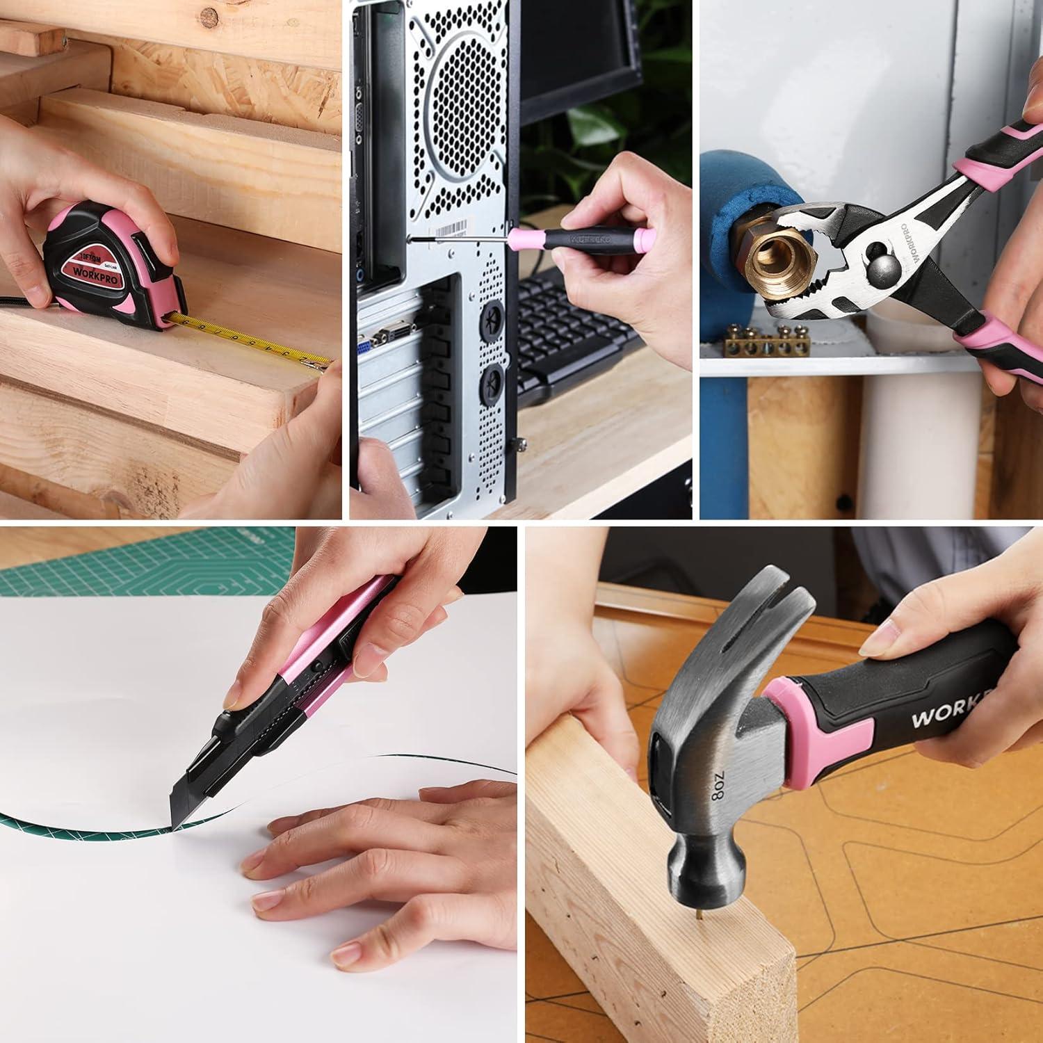 Juego de Herramientas WORKPRO Rosa 18PCS con Destornillador Eléctrico