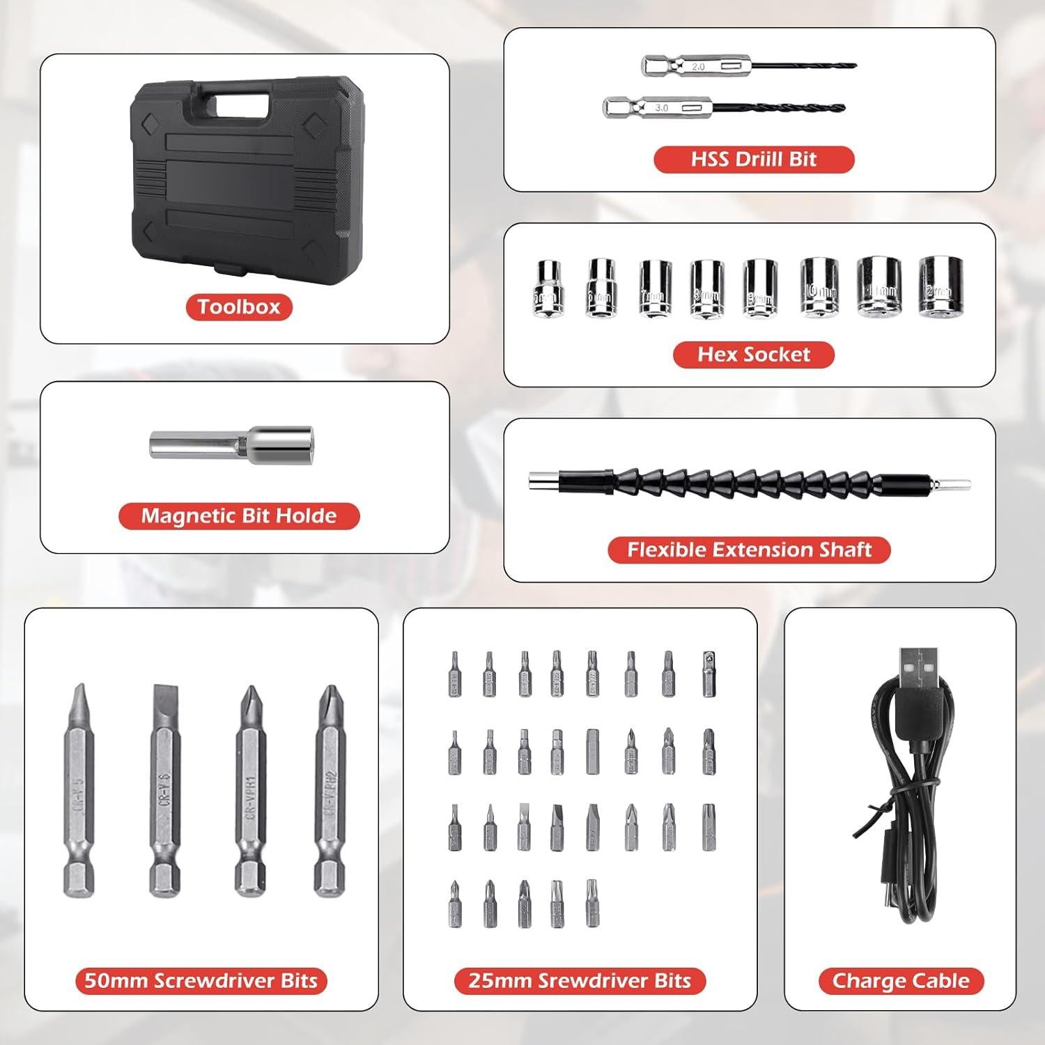 Destornillador eléctrico JENABOM 47 en 1 3.6V con LED