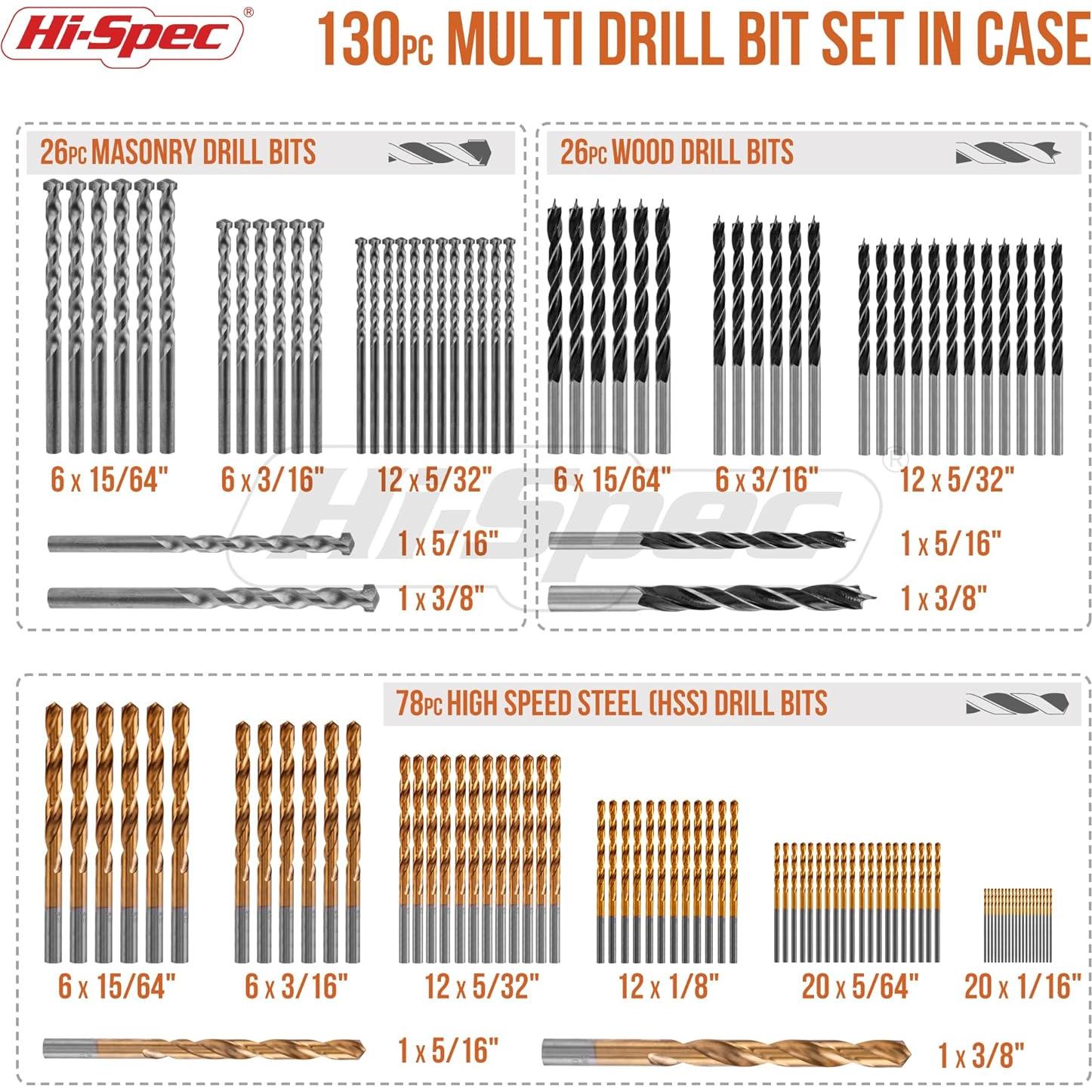Juego de Brocas Hi-Spec 130pc 11 Tamaños 1.59mm a 9.53mm