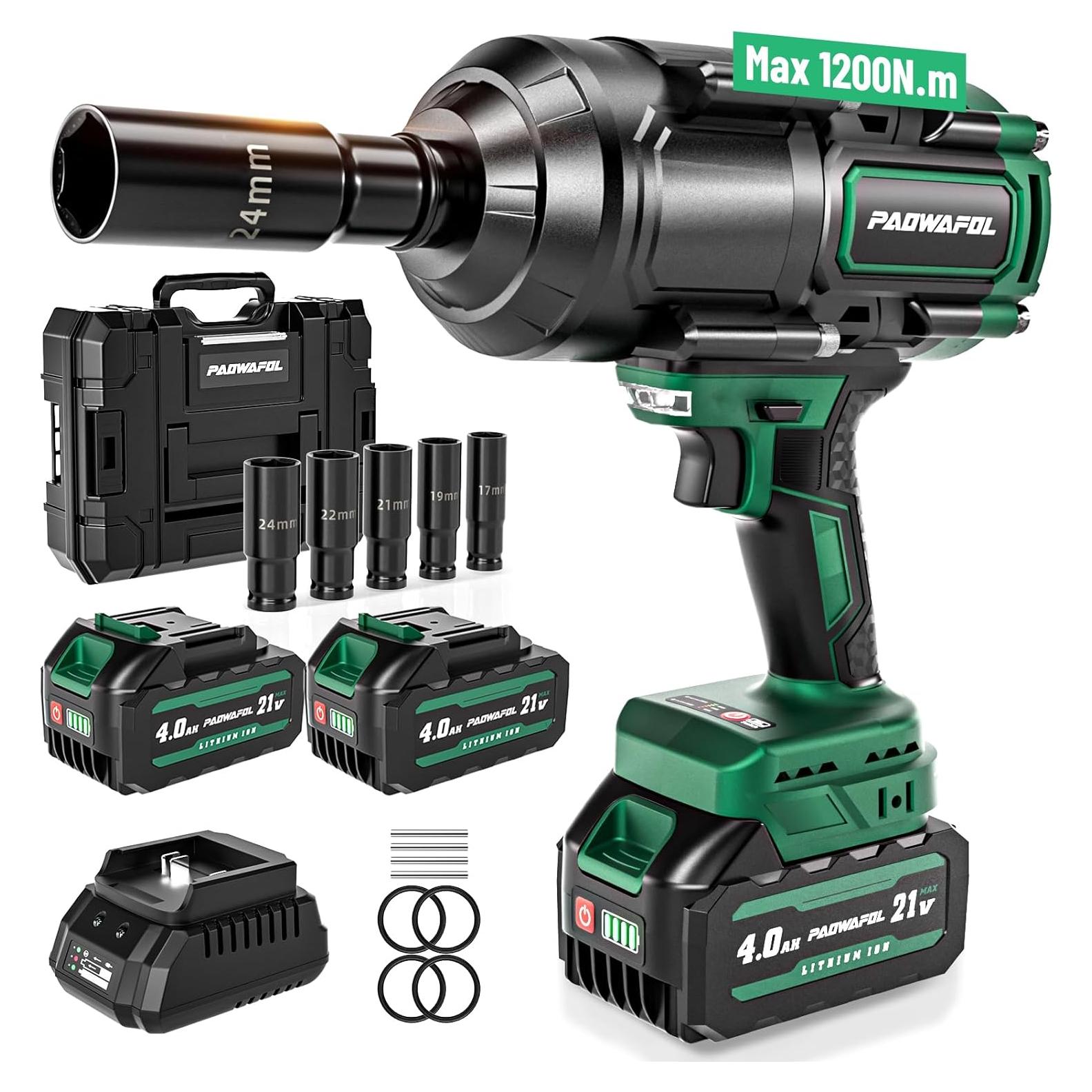 Llave de Impacto Inalámbrica PAOWAFOL 1200N.m 1/2" con 2 Baterías 4.0Ah