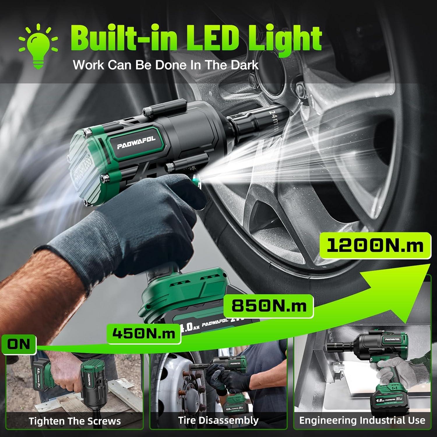 Llave de Impacto Inalámbrica PAOWAFOL 1200N.m 1/2" con 2 Baterías 4.0Ah