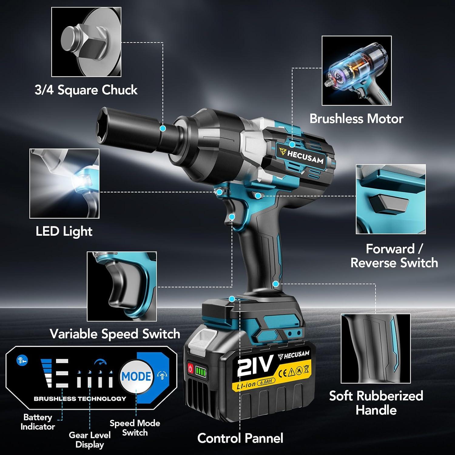 Llave de Impacto Inalámbrica HECUSAM 2100N, 2 Baterías 6.0Ah