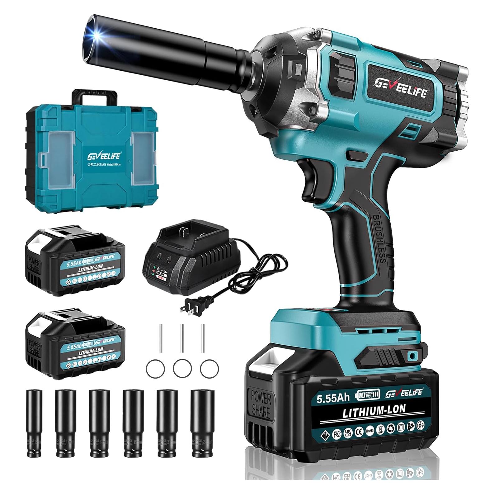 Llave de impacto inalámbrica GEVEELIFE 850N.m 3300RPM 2 baterías