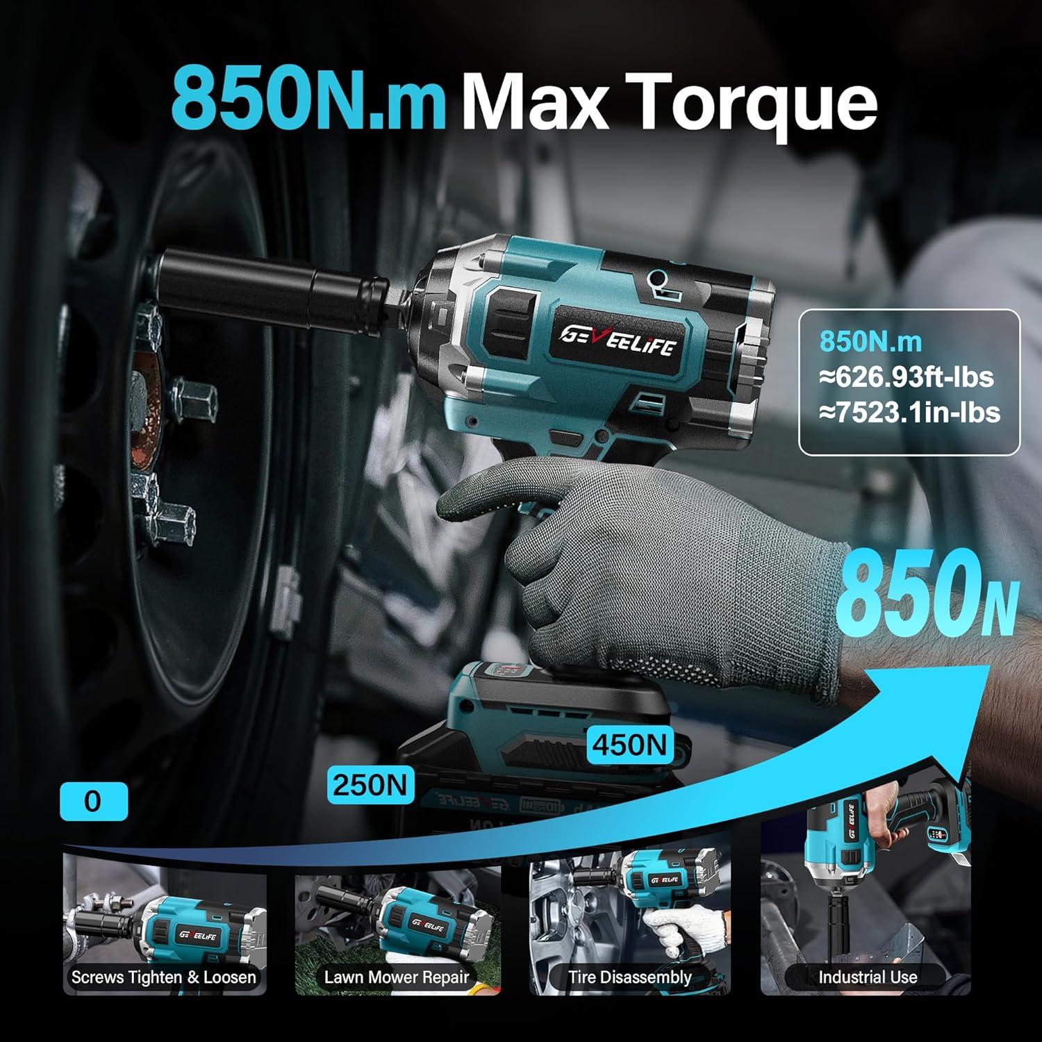 Llave de impacto inalámbrica GEVEELIFE 850N.m 3300RPM 2 baterías