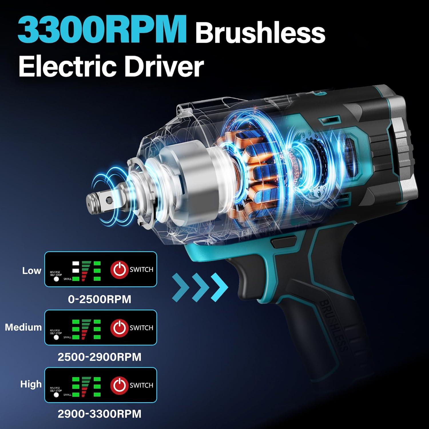 Llave de impacto inalámbrica GEVEELIFE 850N.m 3300RPM 2 baterías