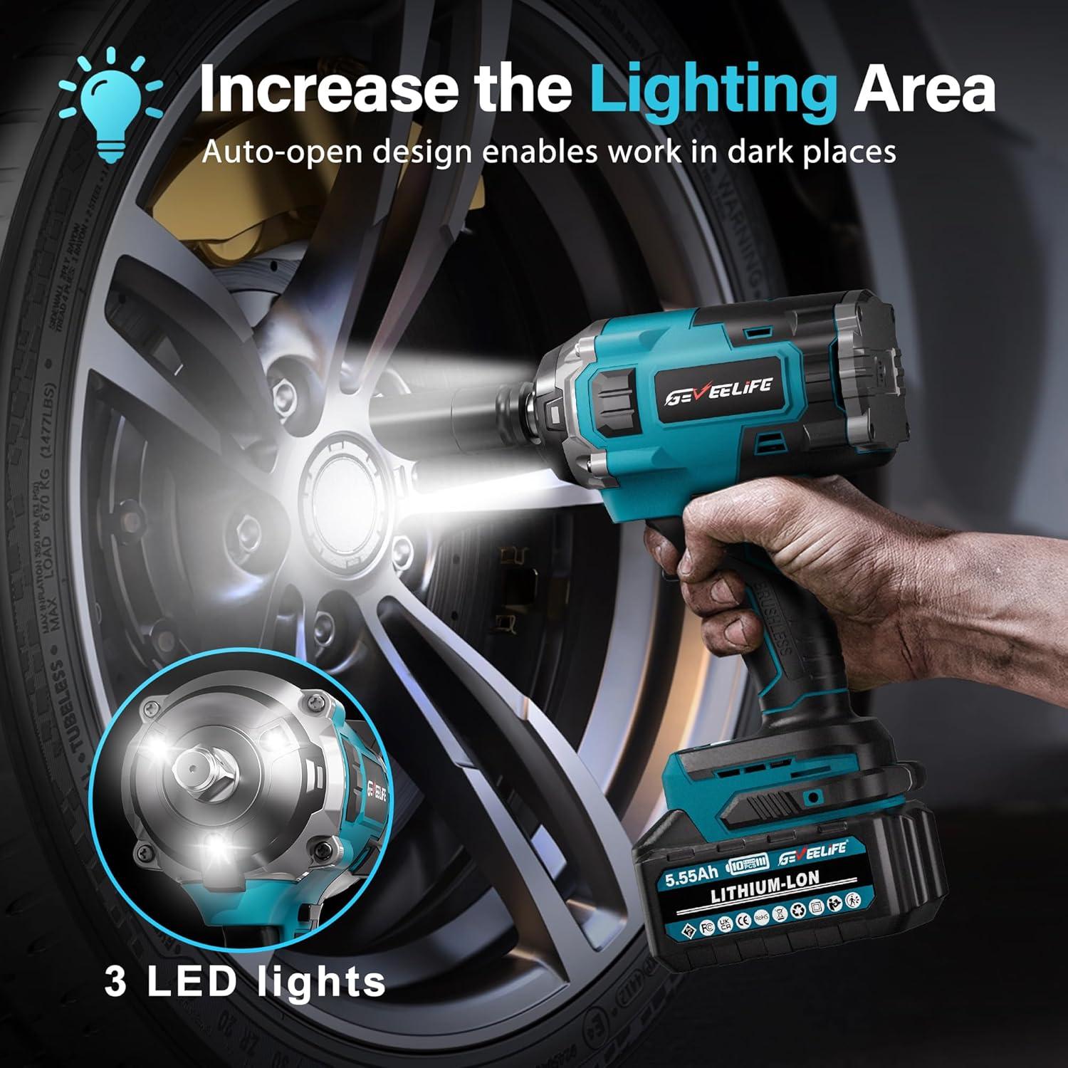 Llave de impacto inalámbrica GEVEELIFE 850N.m 3300RPM 2 baterías