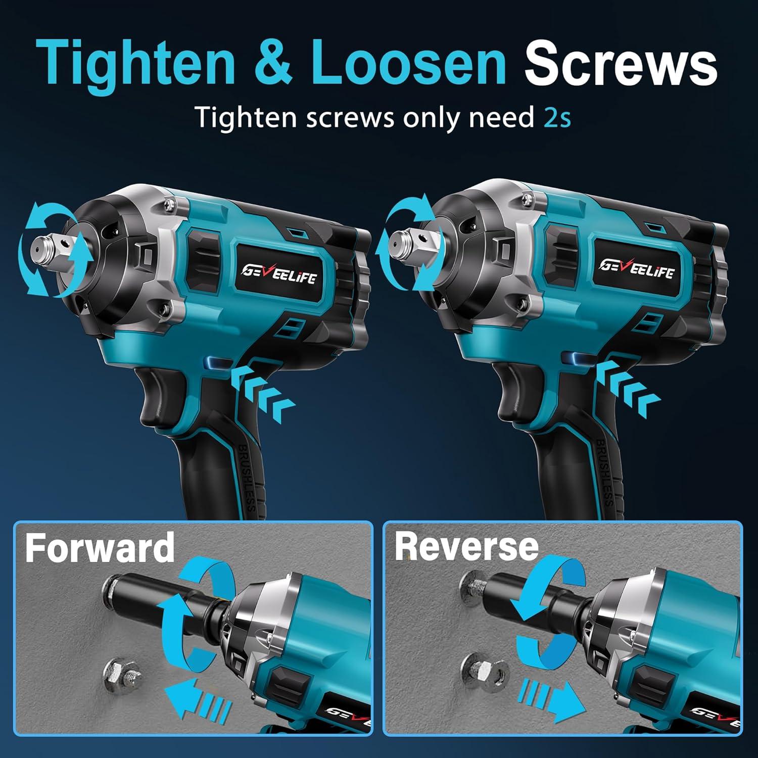 Llave de impacto inalámbrica GEVEELIFE 850N.m 3300RPM 2 baterías