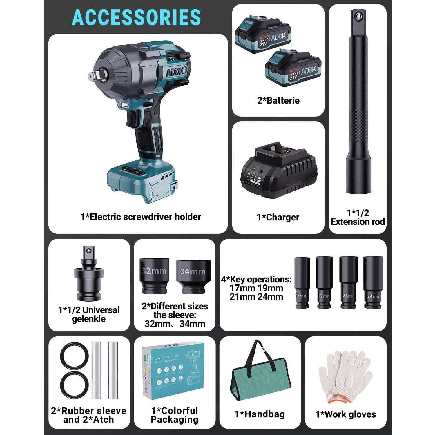 Llave de Impacto Inalámbrica TITA-DONG 21V 1600Nm 6 Velocidades