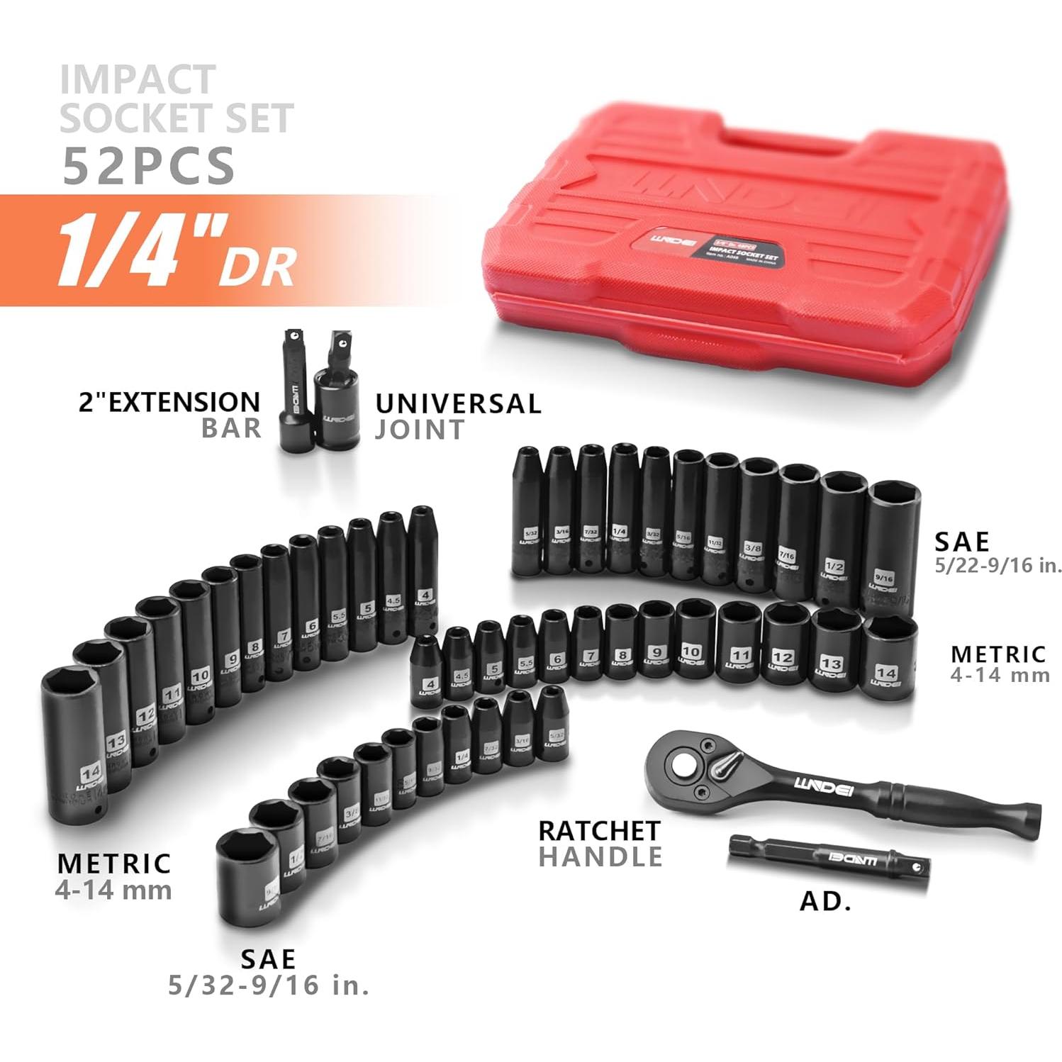 Juego de Enchufes de Impacto LLNDEI 52 Piezas 1/4"