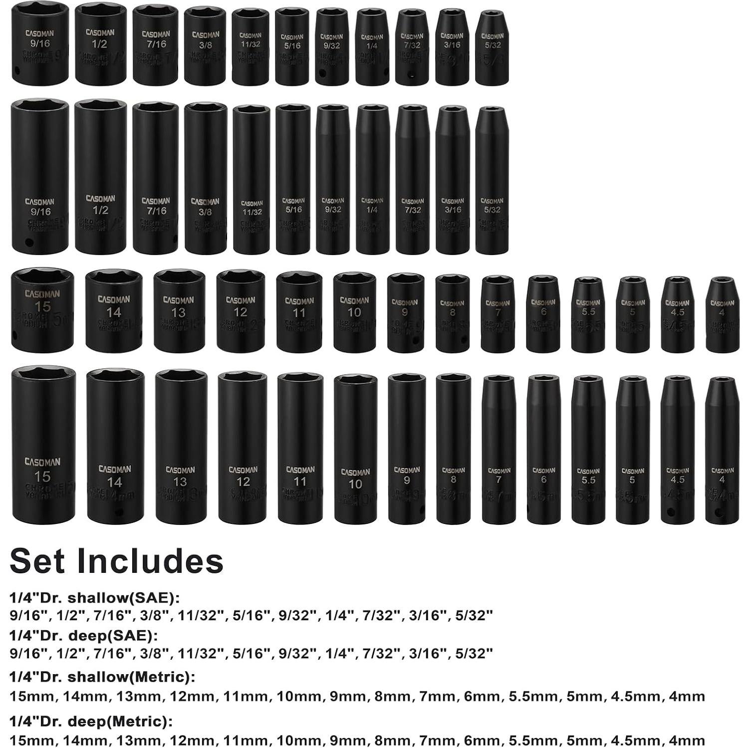 Juego de Enchufes de Impacto CASOMAN 50 Piezas 1/4" Dr. SAE/Métrico