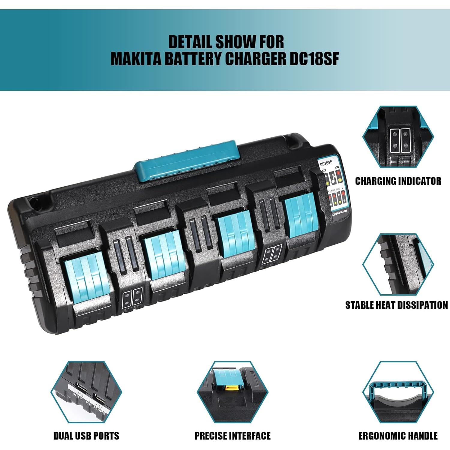 Cargador Rápido 4 Puertos YEX-BUR DC18SF para Baterías Makita