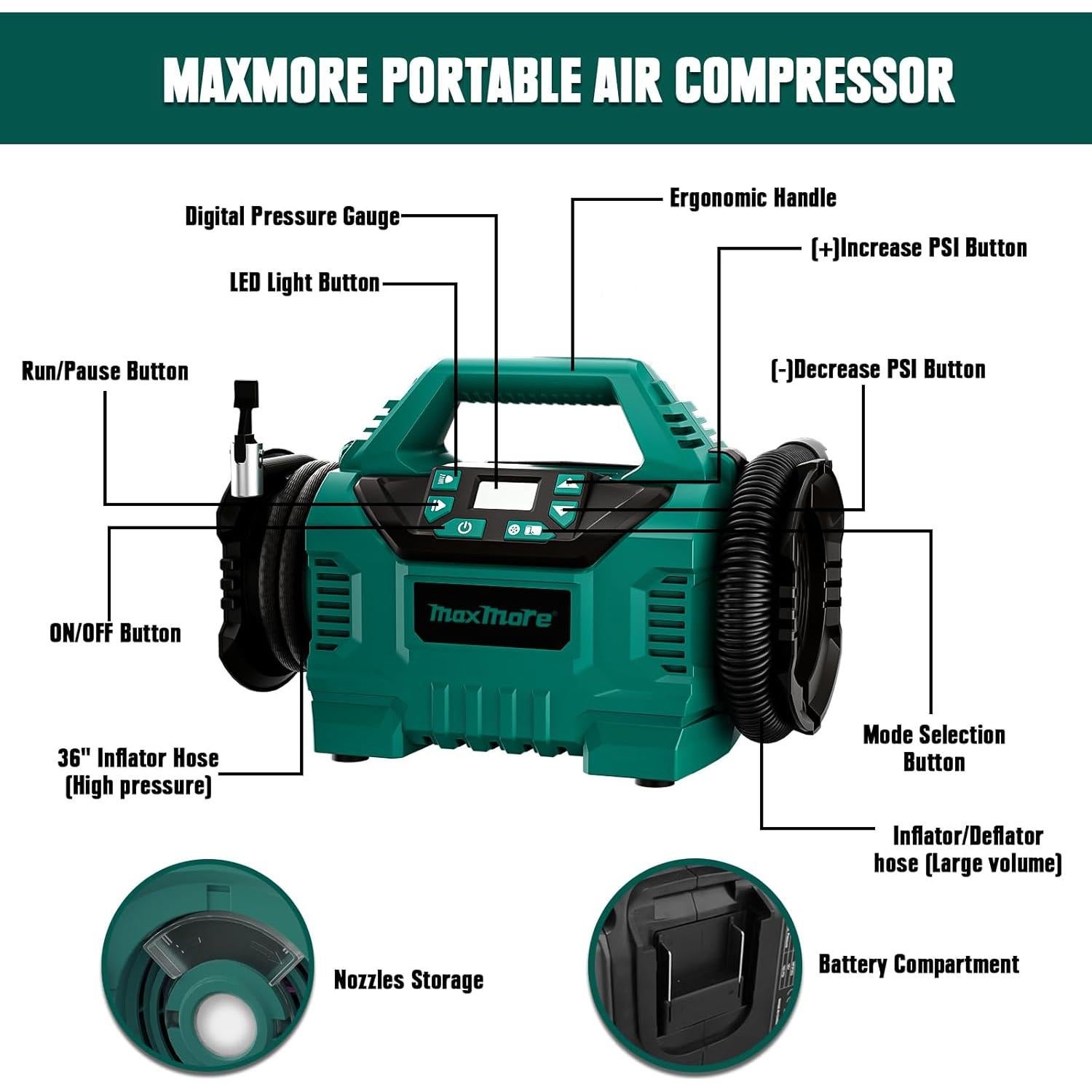 Inflador de Neumáticos MaxMore Inalámbrico 160 PSI 18V