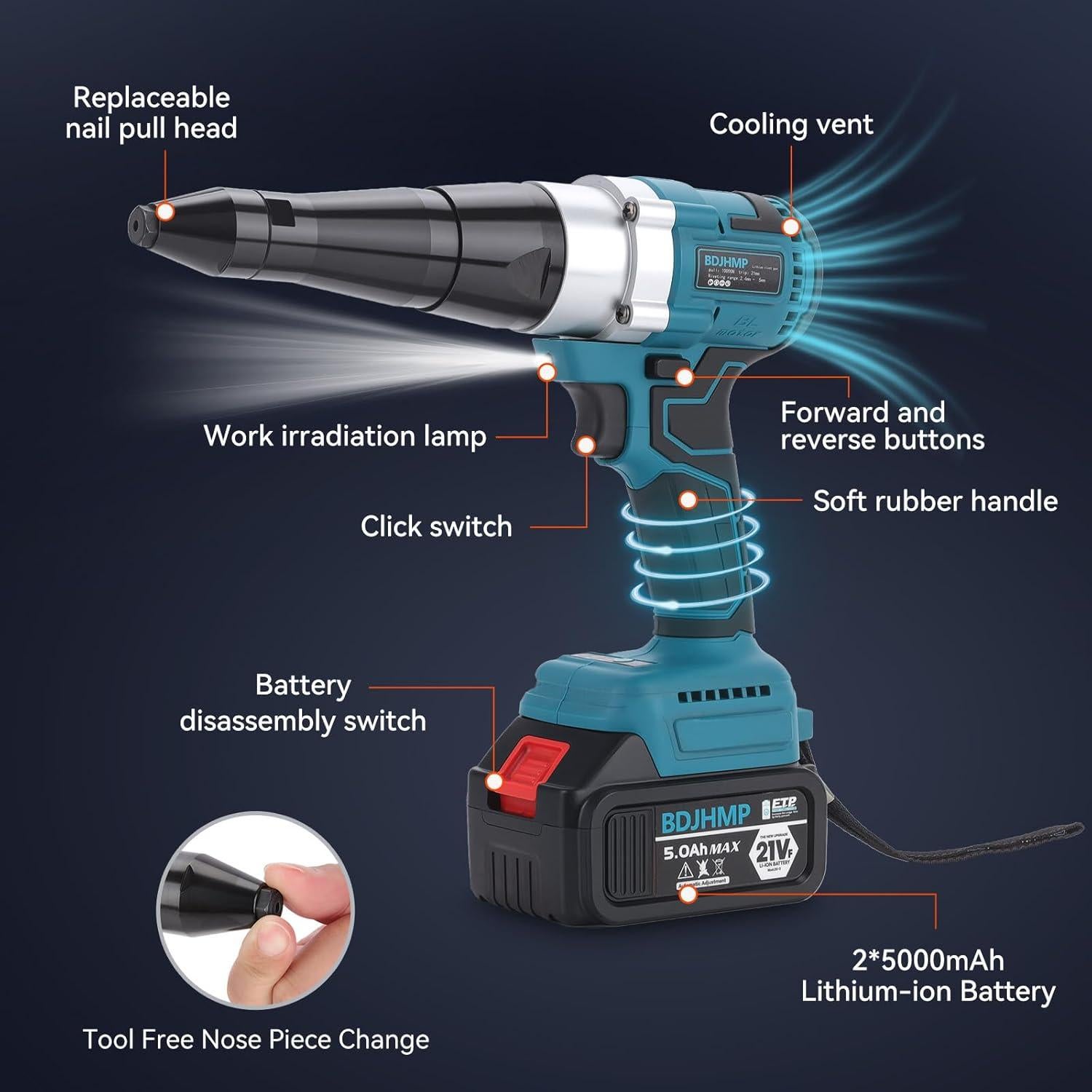 Pistola de Remaches Inalámbrica BDJHMP 21V 5.0Ah Automática