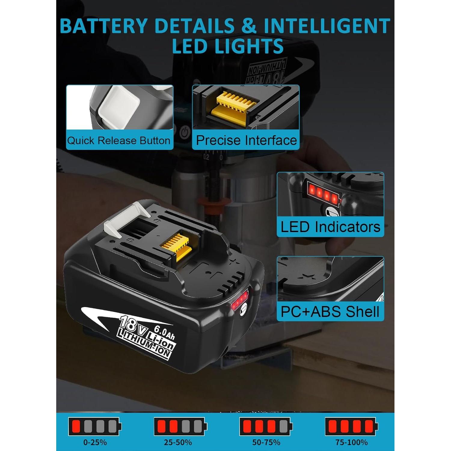 Paquete de 4 Baterías Zuyitoku 18V 6.0Ah Litio Compatible Makita